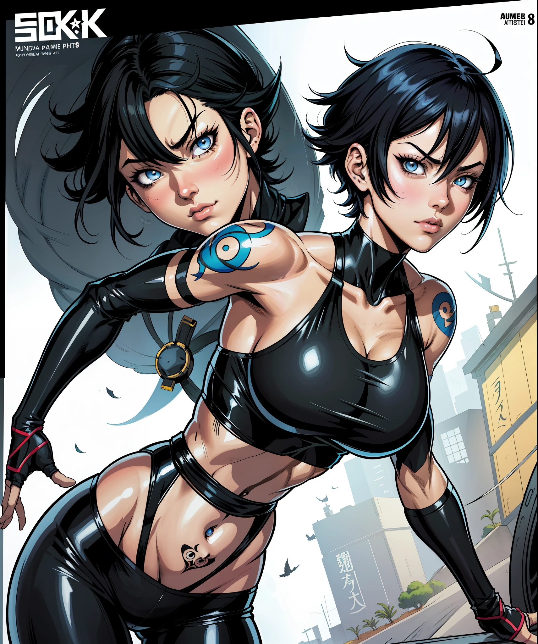comic cover, action pose, 1girl, fair skin, Yusuke Murata style art, Yusuke Murata style,girl alone, short hair, black hair, blue eyes, anime girl with posing tattoos, digital anime art, sexy anime girl, female anime girl, anime art, muscular!, big oppai, Ilya Kuvshinov, badass anime 8k, anime art, cuberpunk hair, sexy clothes, exercise clothes, very attractive, sensual,a goth, beautiful face, sending a kiss to camera, sending kiss to camera, short black hair, perfect body, fit body, abdomen, large breasts, clothes with neckline, muscular, simple background,