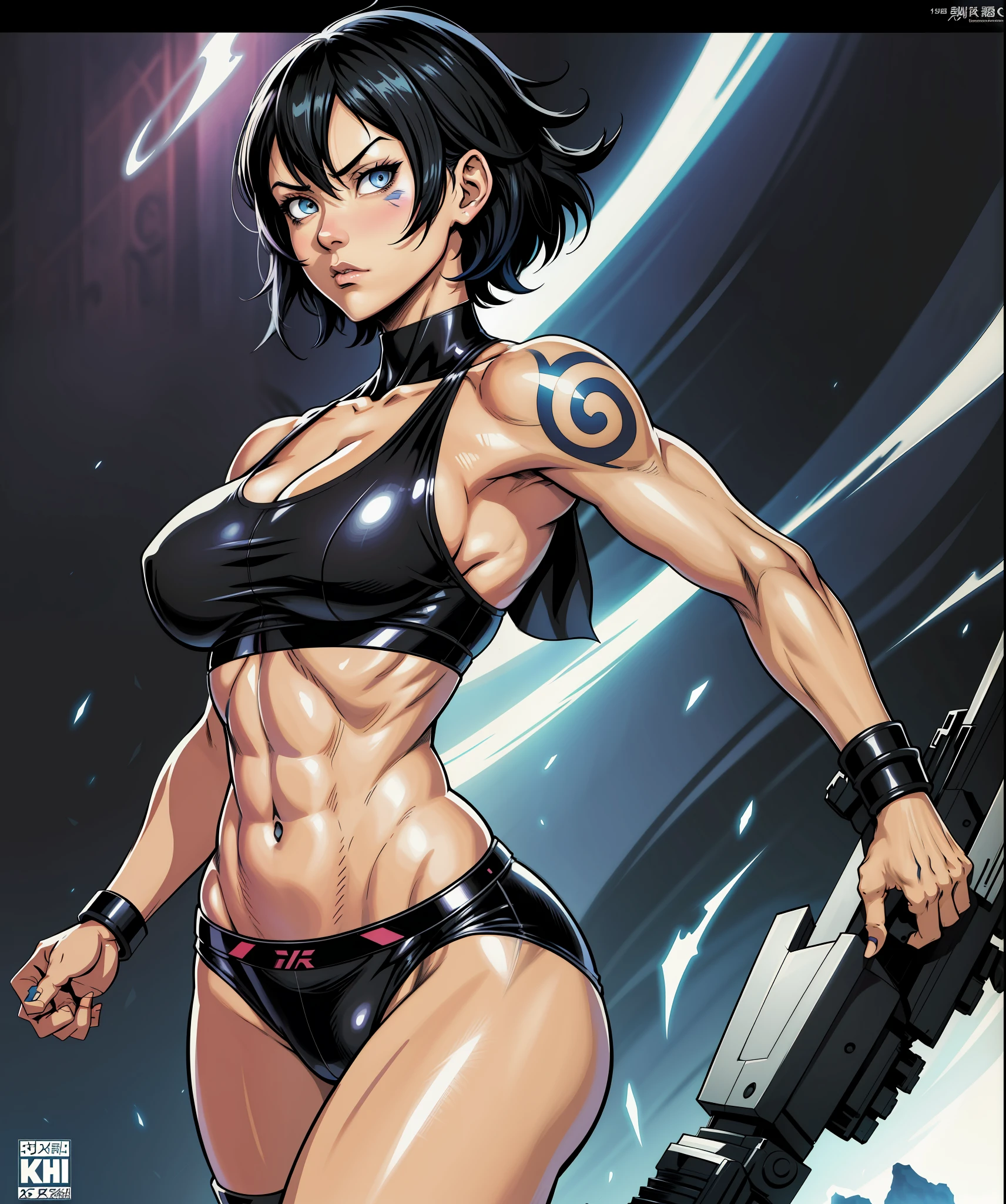 comic cover, action pose, 1girl, fair skin, Yusuke Murata style art, Yusuke Murata style,girl alone, short hair, black hair, blue eyes, anime girl with posing tattoos, digital anime art, sexy anime girl, female anime girl, anime art, muscular!, big oppai, Ilya Kuvshinov, badass anime 8k, anime art, cuberpunk hair, sexy clothes, exercise clothes, very attractive, sensual,a goth, beautiful face, sending a kiss to camera, sending kiss to camera, short black hair, perfect body, fit body, abdomen, large breasts, clothes with neckline, muscular, simple background,