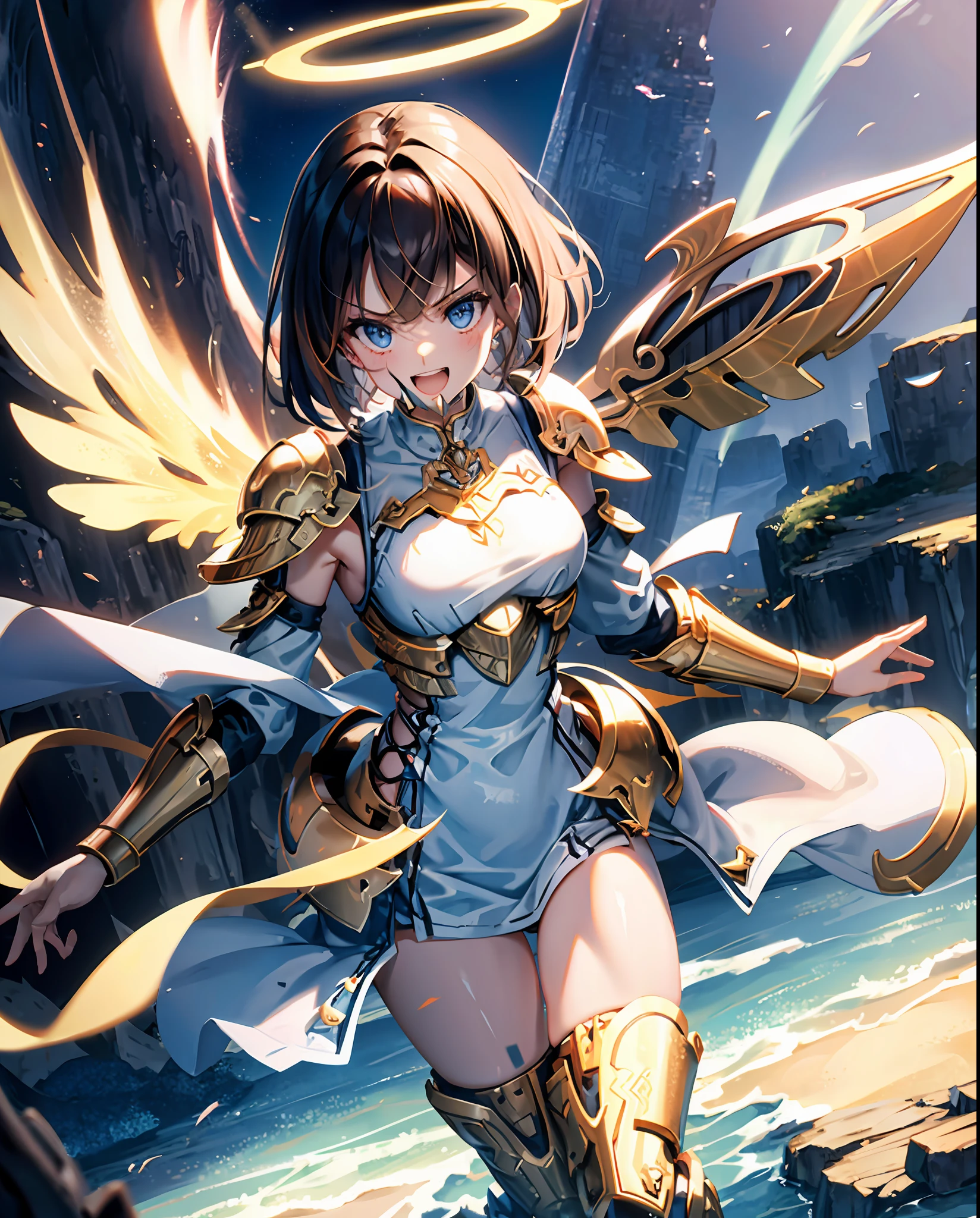 fantasy, 1angel_girl,child, loli,brown_hair, medium_bob_hair, long_bangs, halo,bare_shoulder,thighhighs,silver_armor, waist_armor, large_breasts,angry,grinning,open_mouth_teeth, 1pair_wings, dynamic_pose_fighting,floating, bare_crotch, headgear,gauntlet, greaves,city_sky_background,slightly_spread_legs, solo