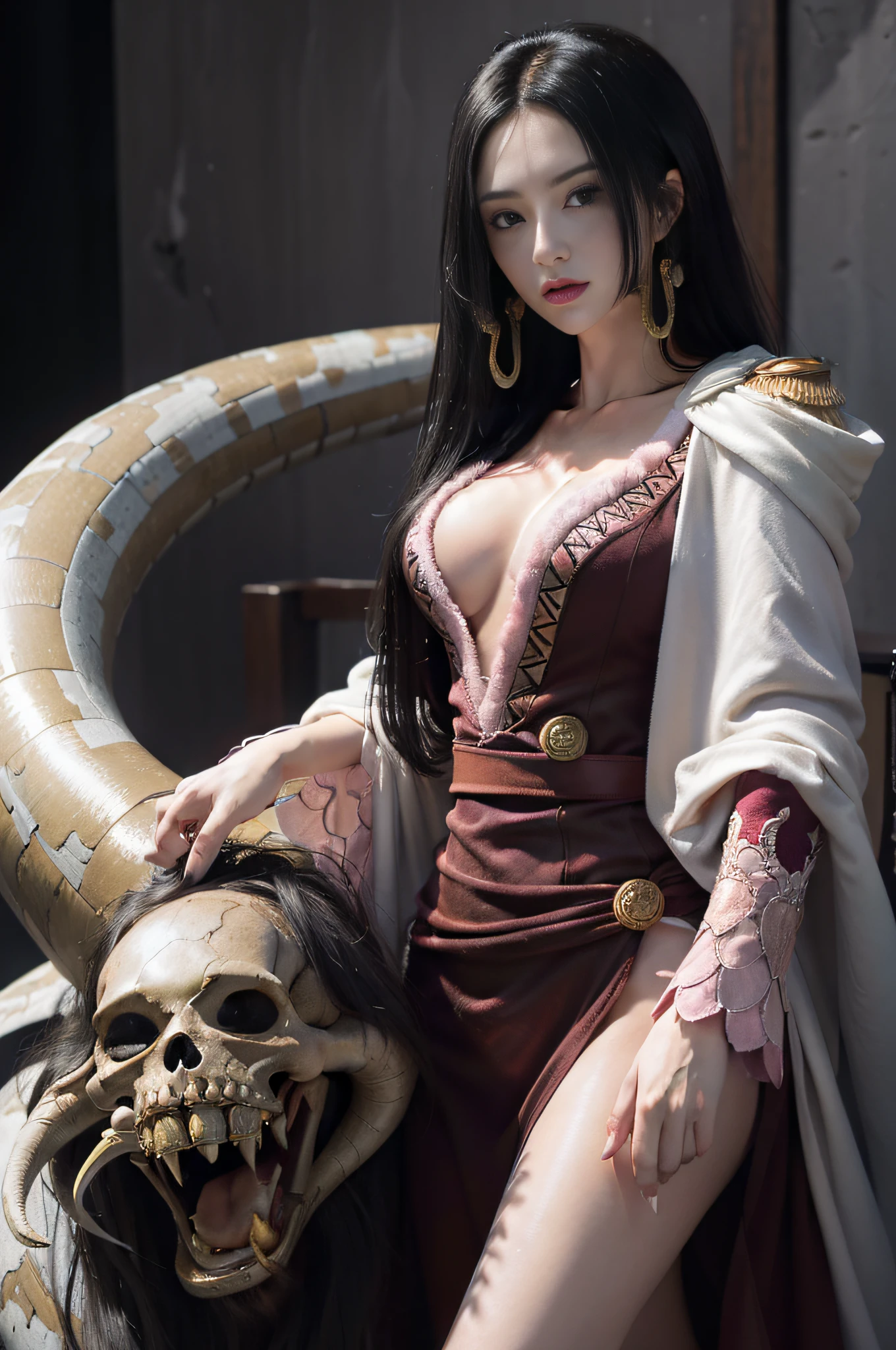(((masterpiece+best quality+high resolution+ultra-detailed))), boa hancock, long silky black hair, high nose, sharp eyes, noble and inviolable temperament, (([female]: 1.2 + [beauty]: 1.2 + black long hair: 1.2)), snake_skull background, bright eyes, dynamic angle and posture.