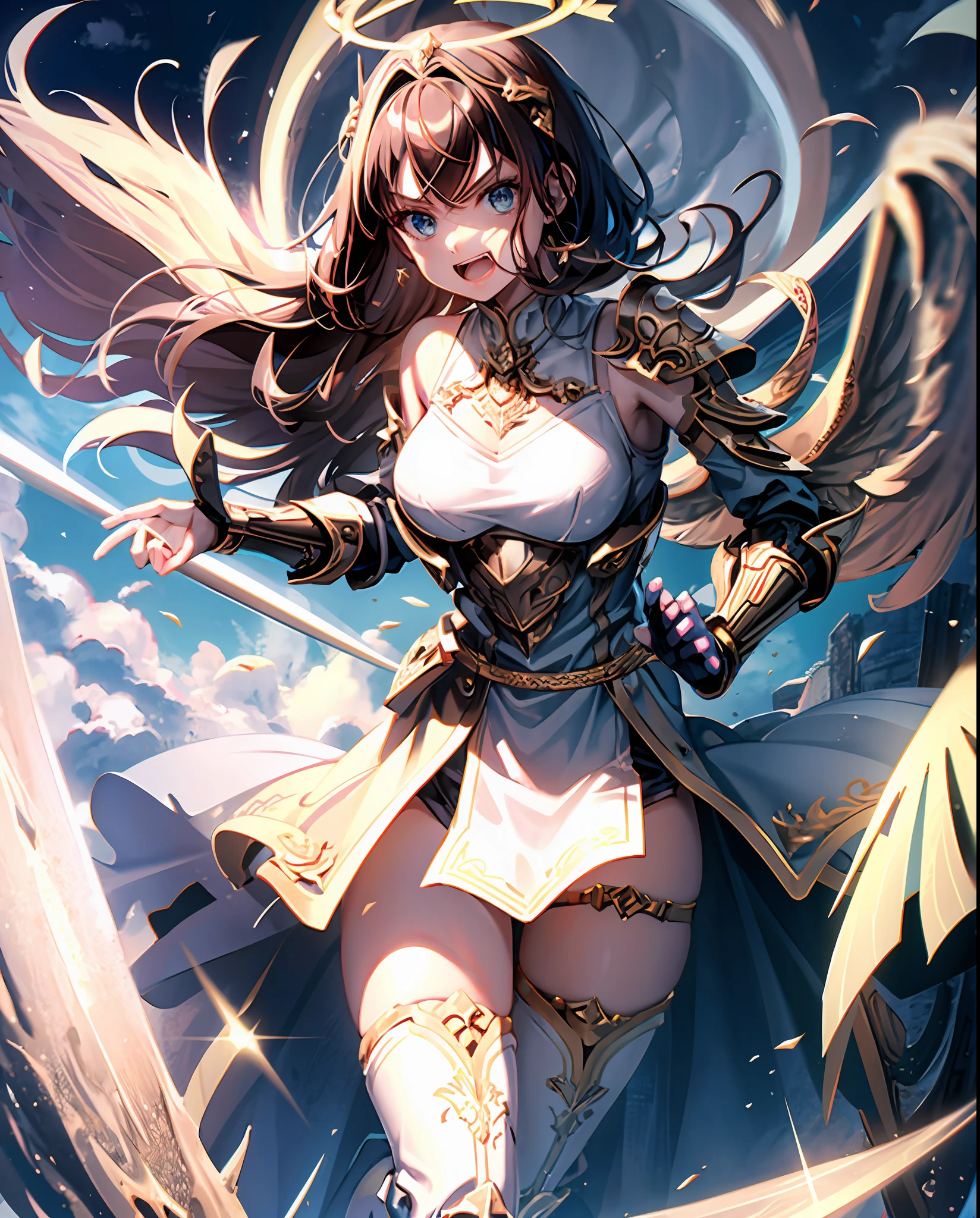 fantasy, 1angel_girl,child, loli,brown_hair, medium_bob_hair, long_bangs, halo,bare_shoulder,thighhighs,silver_armor, waist_armor, large_breasts,angry,grinning,open_mouth_teeth, 1pair_wings, dynamic_pose_fighting,floating, bare_crotch, headgear,gauntlet, greaves,city_sky_background,slightly_spread_legs, solo