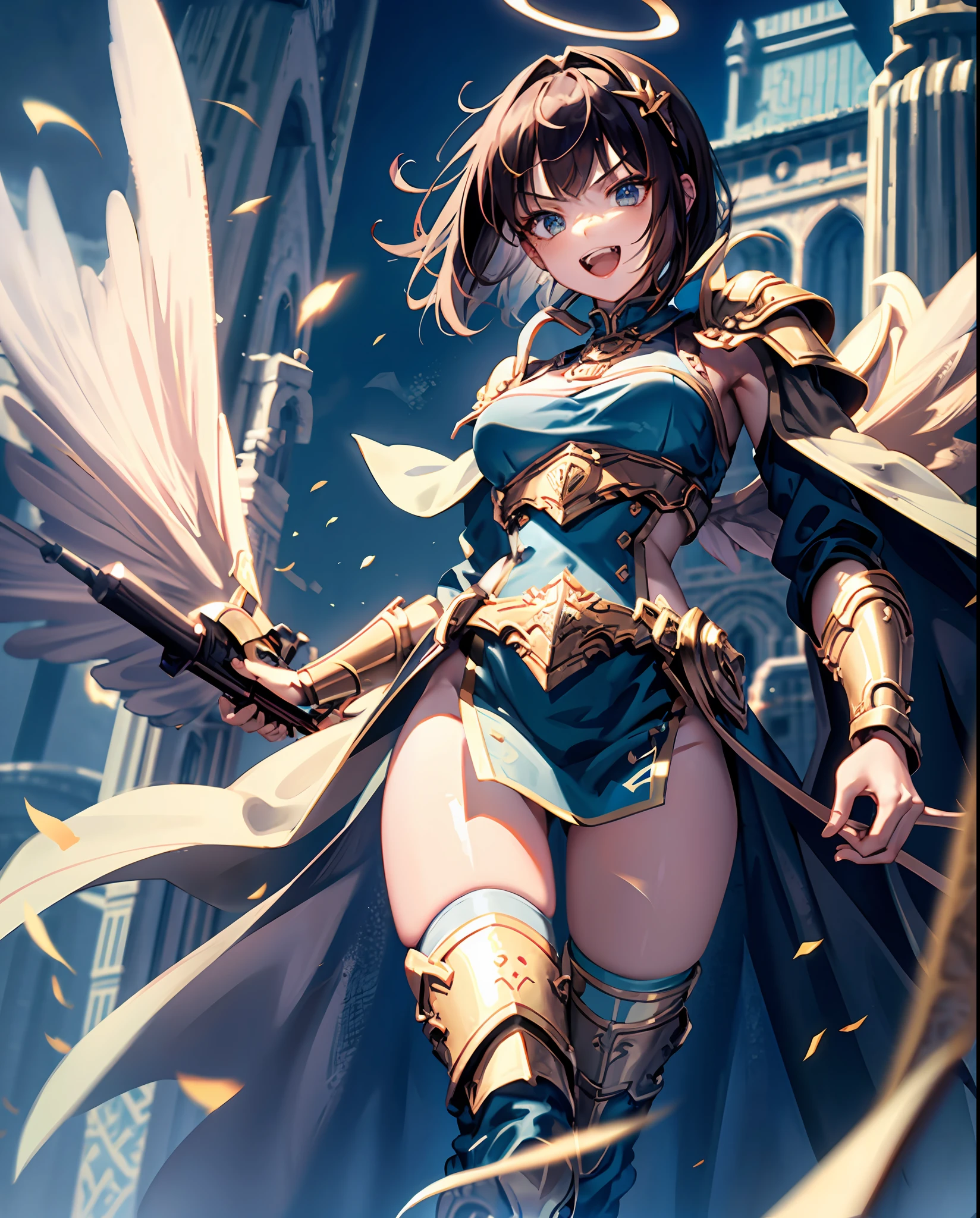 fantasy, 1angel_girl, loli,bwn_hair, medium_bob_hair, long_bangs, halo,bare_shoulder,thighhighs,silver_armor, waist_armor, large_breasts,angry,grinning,open_mouth_teeth, 1pair_wings, dynamic_pose_fighting,floating, bare_crotch, headgear,gauntlet, greaves,city_sky_background,slightly_spread_legs, solo
