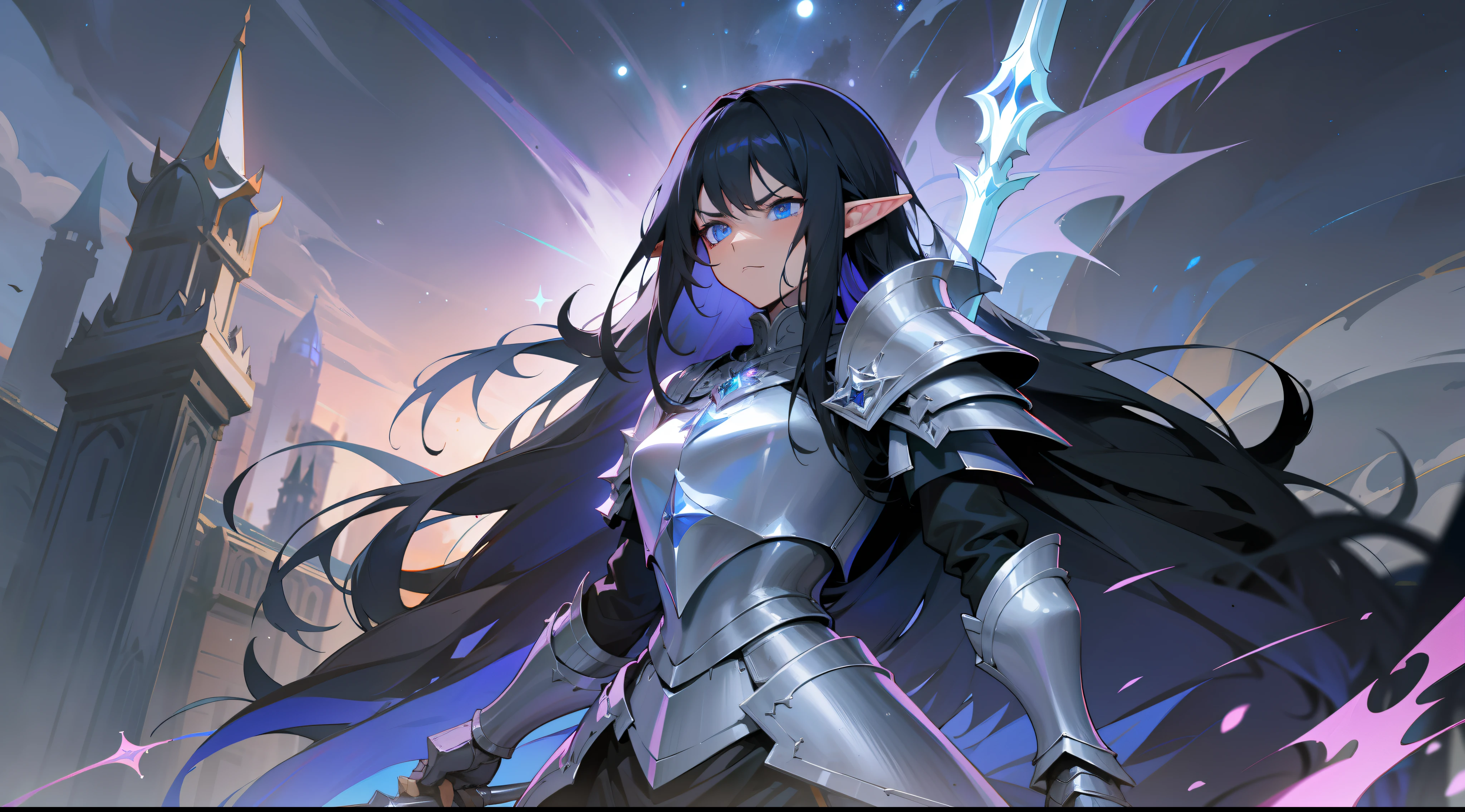 elf, long black hair, blue eyes, dark paladin, heavy armor, spear, serious expression, fantasy, medieval, night, starry sky, mounted on a white dragon