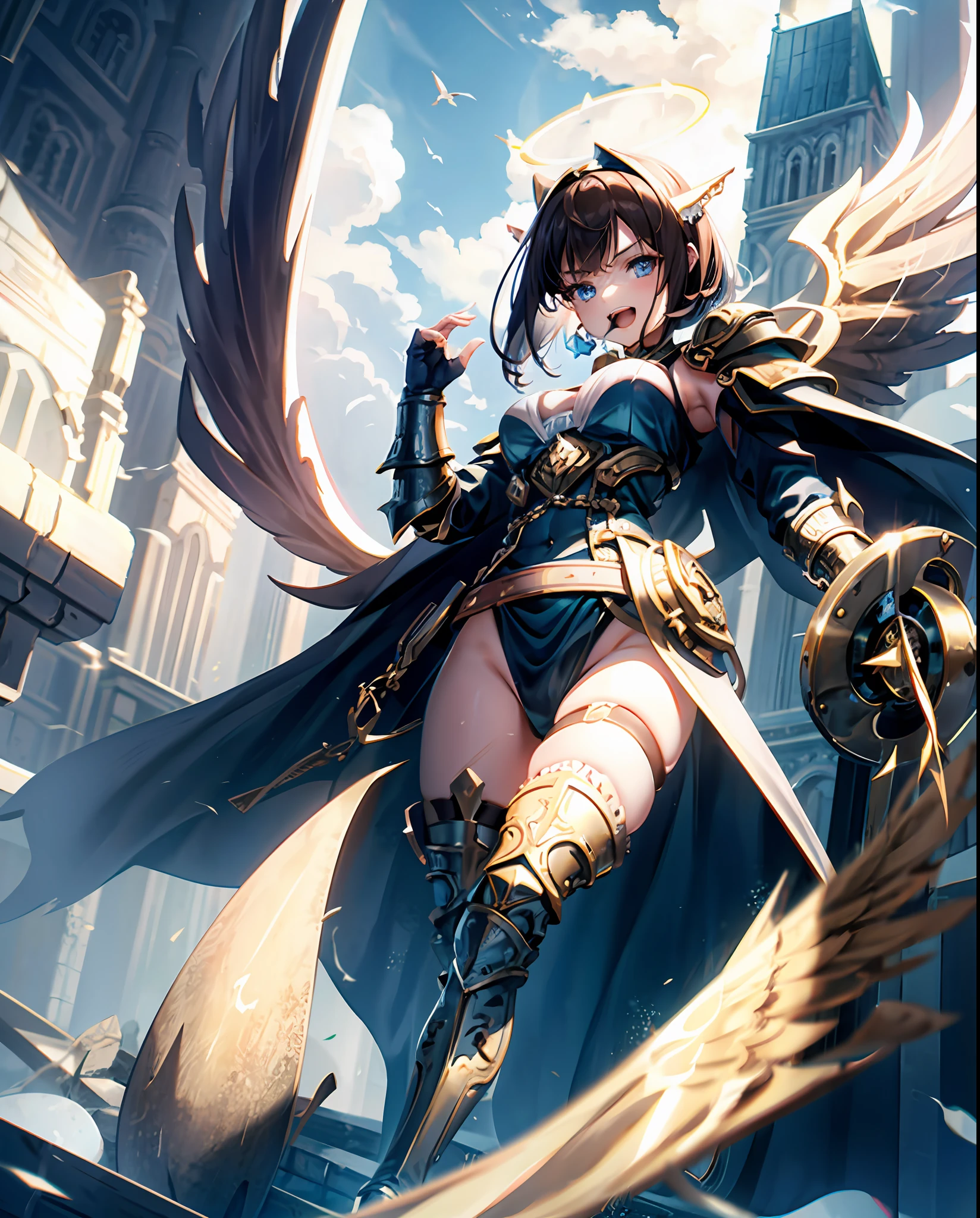 fantasy, 1angel_girl,child, loli,brown_hair, medium_bob_hair, long_bangs, halo,bare_shoulder,thighhighs,silver_armor, waist_armor, large_breasts,angry,grinning,open_mouth_teeth, 1pair_wings, dynamic_pose_fighting,floating, bare_crotch, headgear,gauntlet, greaves,city_sky_background,slightly_spread_legs, solo