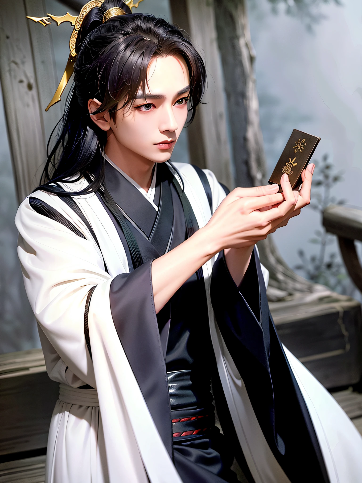 (Positive Focus), (In the Dark), (Best Quality), (Realisticity: 1), Realistic Skin Texture, Highly Detailed, 8k Wallpaper, Volume Lighting, Dynamic Lighting, A Boy, White Hanfu, Black Ponytail Long Hair, Black Hair, Delicate Eye Portrayal, Handsome, Fairy Fluttering, Black Taoist Robe, Antique Style, Mist, Clouds Wrapped Around the Task, Wide Robe with Big Sleeves, Dynamic Posture, Dramatic Composition, Wading on Ancient Trees, Lazy Lying, Thousand-year-old trees, Thick trunk, Ancient Chinese architectural background, Entangled clouds and mist, Xian Xia background, clouds and mist, Taoist nature, Chinese Taoist, movie light