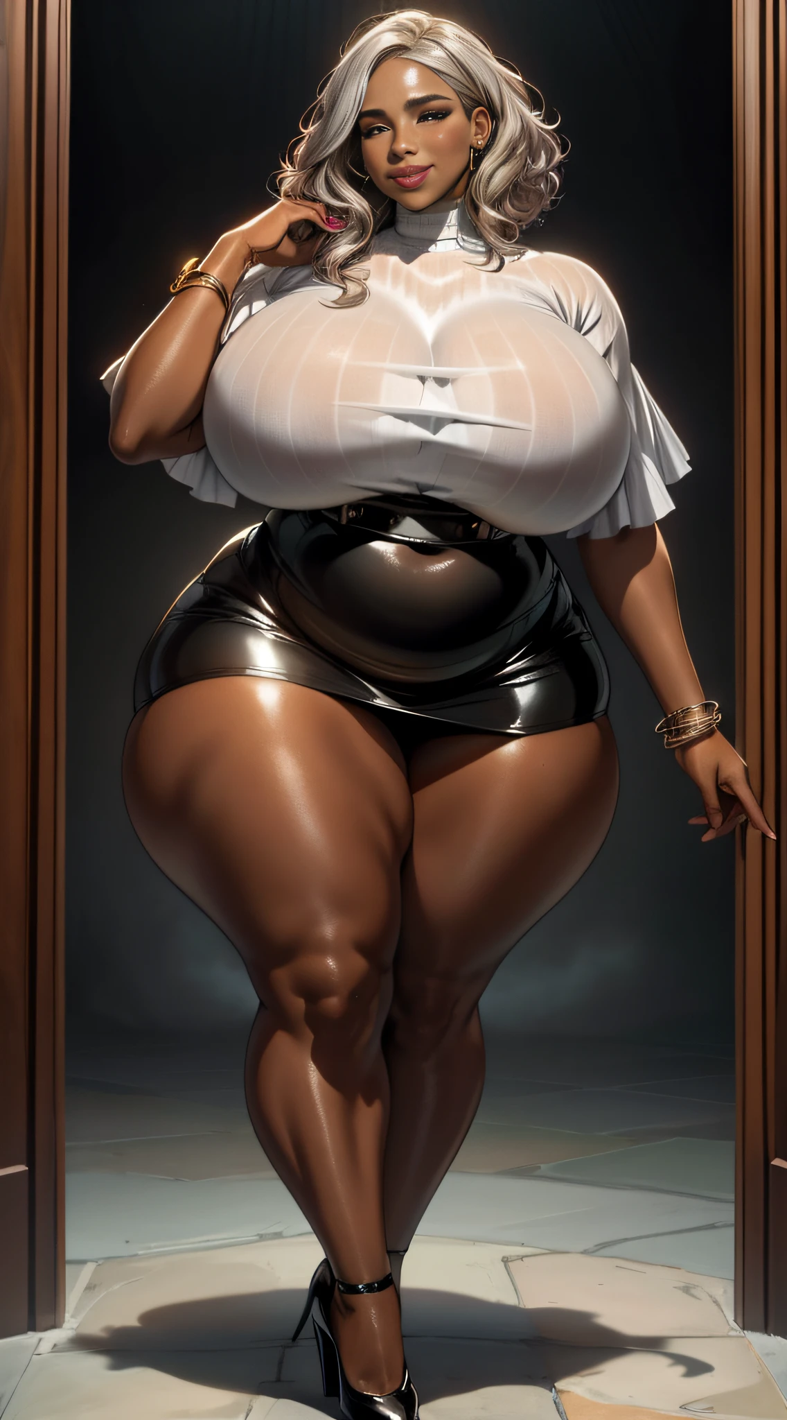 Elaborate CG artwork, (top quality, exquisite details, absolute masterpiece), (head-to-toe image)), ((full body image)), ((dynamic pose)), (plus size model)), (chubby), (beautiful with mahogany-colored black skin wearing too small tight skirt and high heels in dynamic pose, solo), (mahogany black skin))), ( Bright silver hair))), (short wavy hair), (colorful striped hair)), detailed beautiful mature face, very detailed beautiful face and eyes, (detailed seductive and sharp eyes), (plump white lips)), (big white eyeshadow), blush, (sadistic seductive smile), (curvaceous), (incredibly huge curvy hips), (very huge sensual ass) , (ridiculously huge thick thighs), (very shiny clothes), (glittery skin), (wet oily skin), fingernail art, jewelry, bracelets