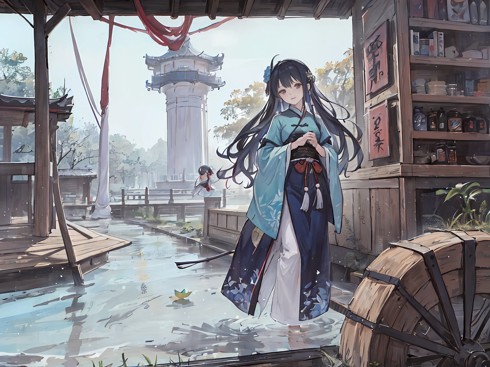 ((4k,masterpiece,best quality)), shuimobysim, traditional chinese ink painting, lotus, hanfu, maxiskit, dress conservatively 1girl, solo, long blue hair, smile, standing, feet in the water, barefoot,
