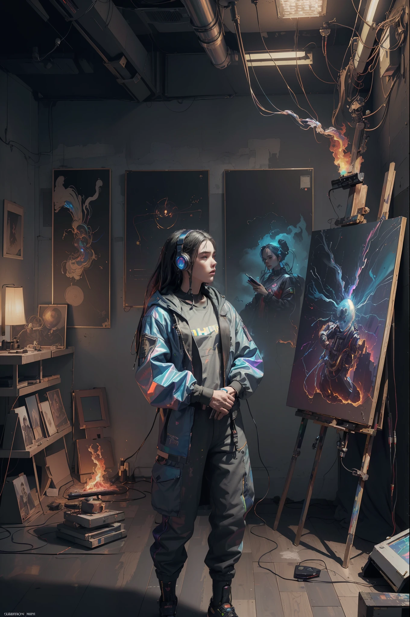 (masterpiece, best quality, highres, absurdres, detailed:1.2), humanoid, robot, wearing headphones, looking away, (cyberpunk, art canvas, paint brush, easel, iridescent, holographic: 1.6), (cables, wires, flames, fire, smoke, overheat, explosion, indoors, room, simple background)
