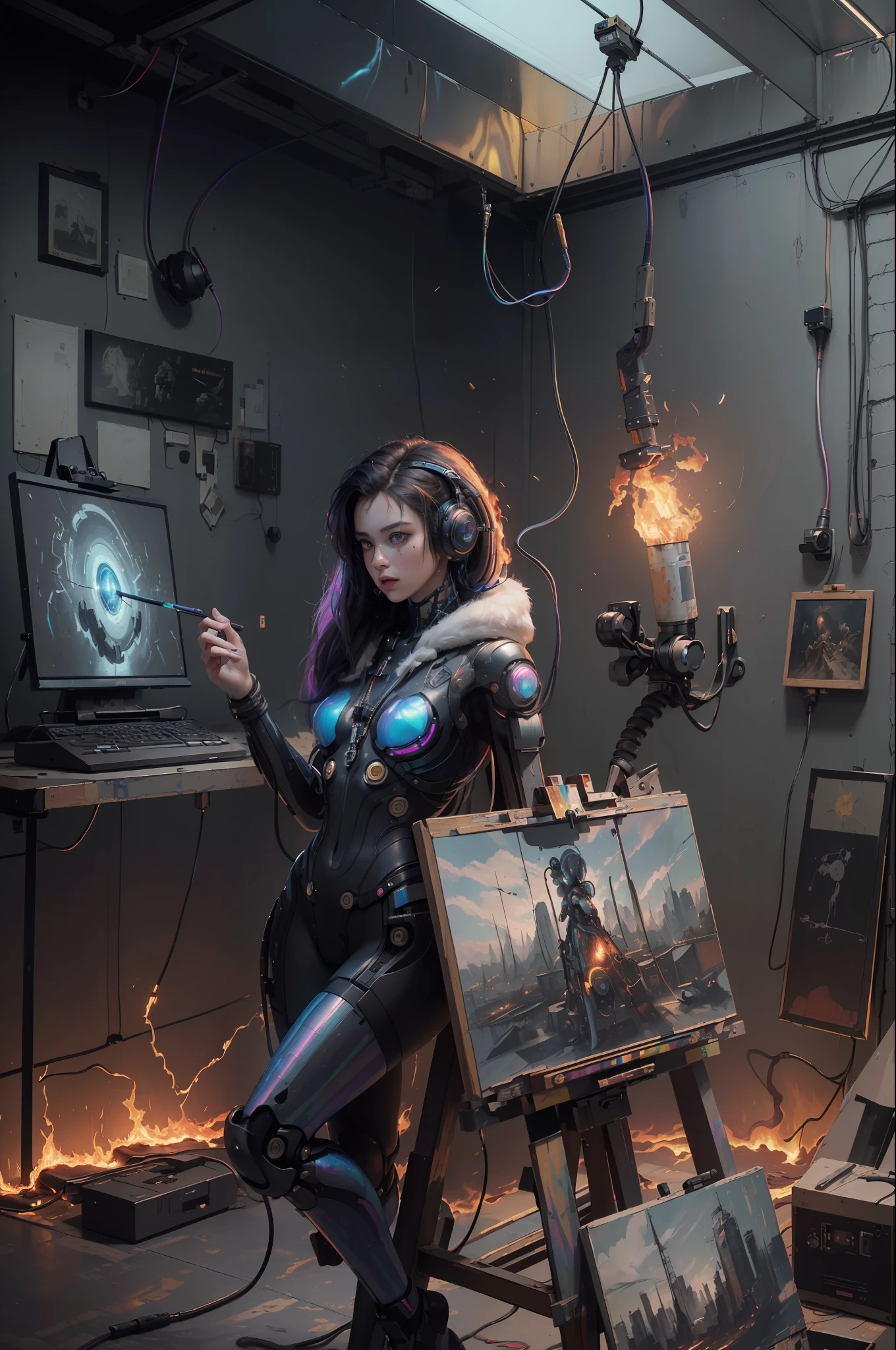 (masterpiece, best quality, highres, absurdres, detailed:1.2), humanoid, robot, wearing headphones, looking away, (cyberpunk, art canvas, paint brush, easel, iridescent, holographic: 1.6), (cables, wires, flames, fire, smoke, overheat, explosion, indoors, room, simple background)