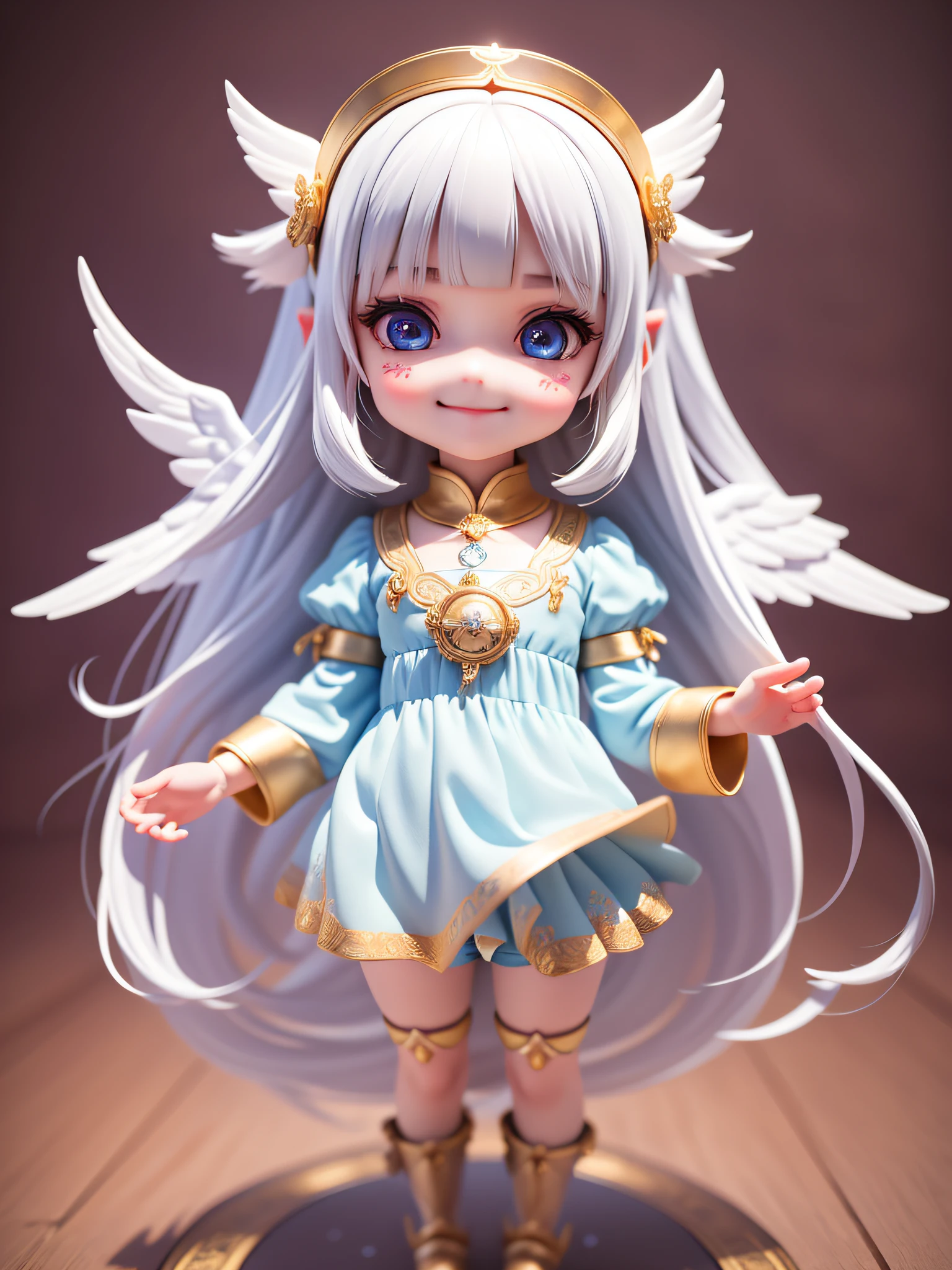 (Masterpiece), (Best Quality), (Super Detailed), (Full Body: 1.2), 1 Girl, Chibi, Cute, Smile, Heaven, Angel Cosplay, Blushing, 3, Long Hair, Angel Wings, Blurred, White Hair, Blush Sticker, Bangs, Angel Ring on Head (Beautiful Detailed Face), (Beautiful Detailed Eyes), Full Body Display, Being in a Magic Circle,