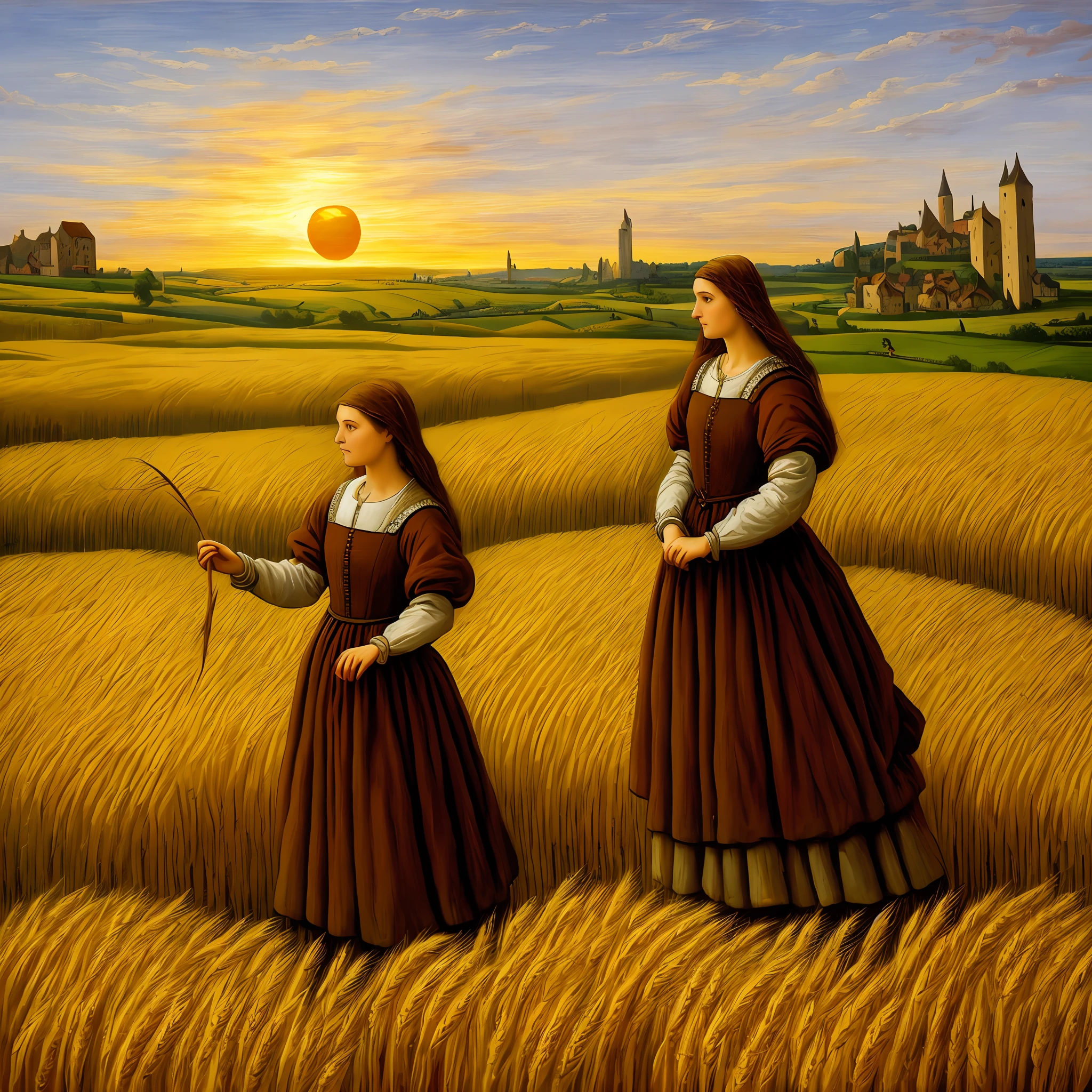 Oil Painting Woman Picking Wheat Middle Ages Europe Sunset Classical Oil Painting Renaissance