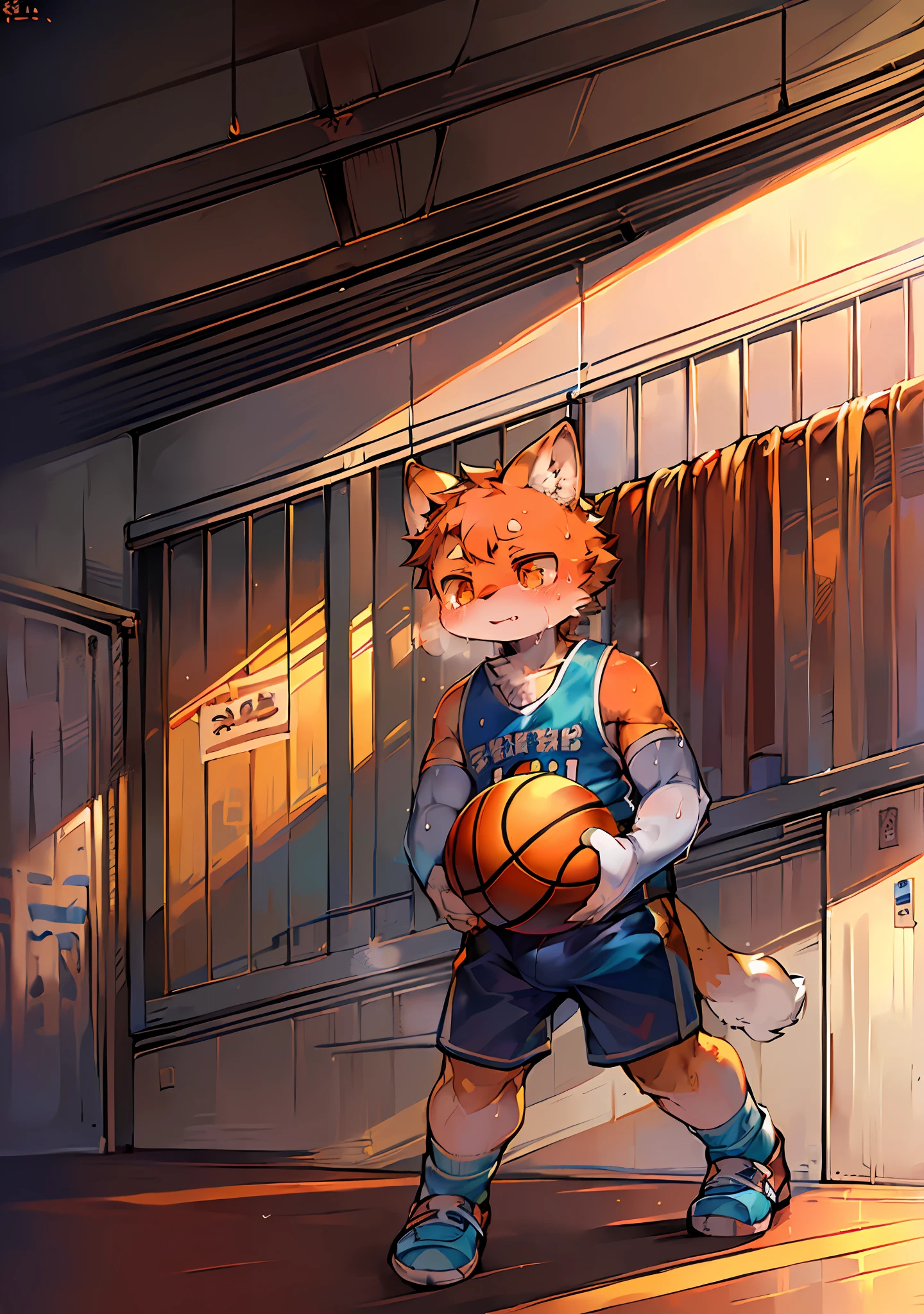 Masterpiece, high quality, absurd resolution, digital painting \ (artwork \), dagasi, yupa, kiyosan, (fluffy fur: 1.1), (brightness: 0.8), anthro male cat. (orange eyes, gray-blue fur, full body fur, cat nose: 1.2), bright eyes, panorama, character focus. Detailed background, (tight basketball jersey, sweat, binding: 1.5), (indoor, basketball court: 1.2) (bundling) (basketball socks) (lower body bulge: 1.2) (bundling) (leg irons: 1.3)