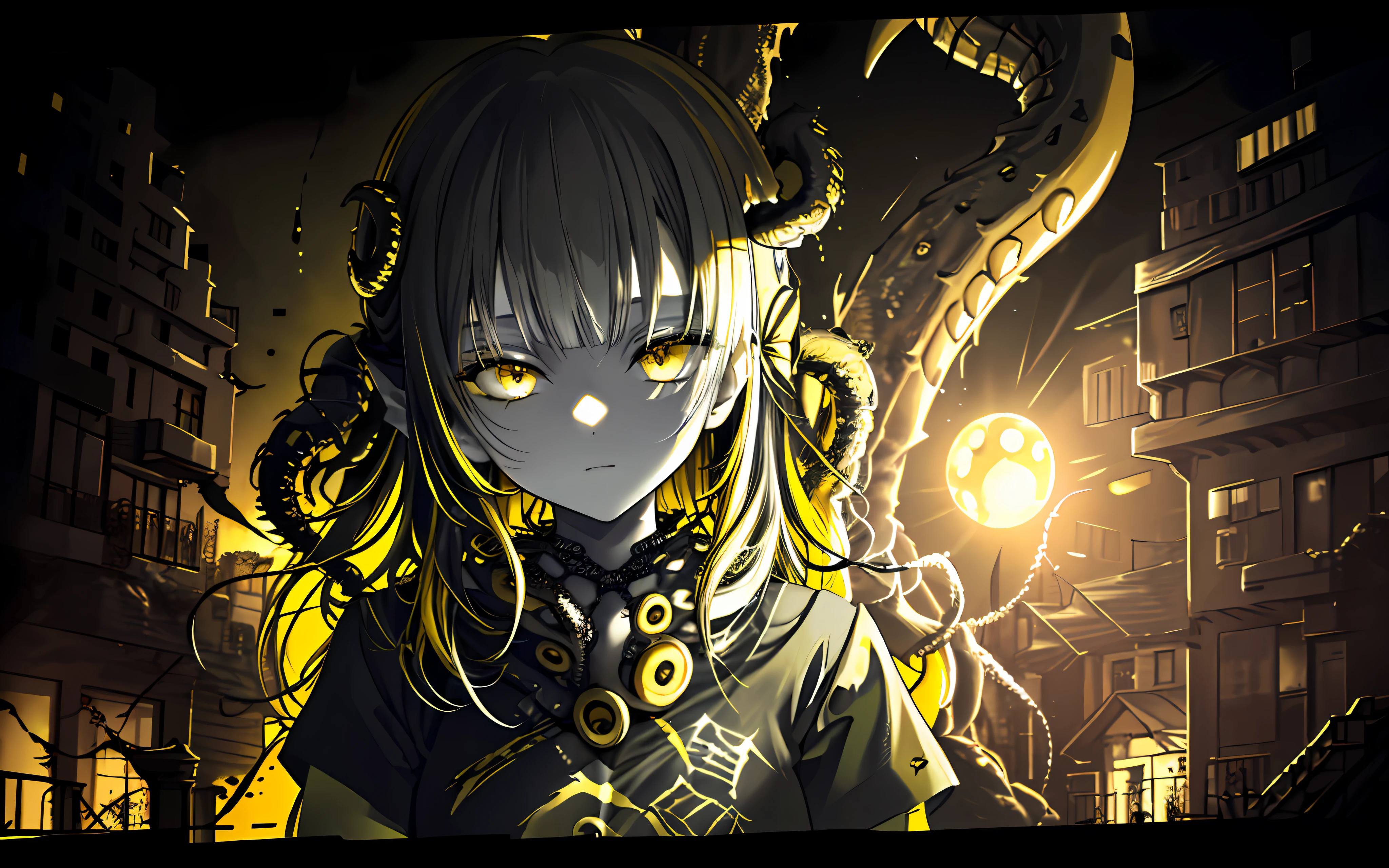 (best quality, masterpiece), (a woman horror creature with tentacles), (Monochrome, less light, black yellow background, yellow destroyed city behind)