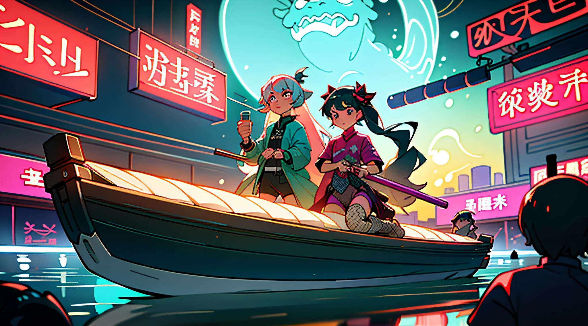 (Best Quality, Masterpiece), 2 Girls, Hologram, Cyberpunk, Neon, Fog, (Cartoon: 1.5), Tong, Skinny, Small, Neon Sign, Ramen Shop, Fishnet Socks Very Low, Transparent, Very Long Hair, On a Suit, Latex, Chinese Shop, Dragon Boat Festival, Dragon Boat Boating