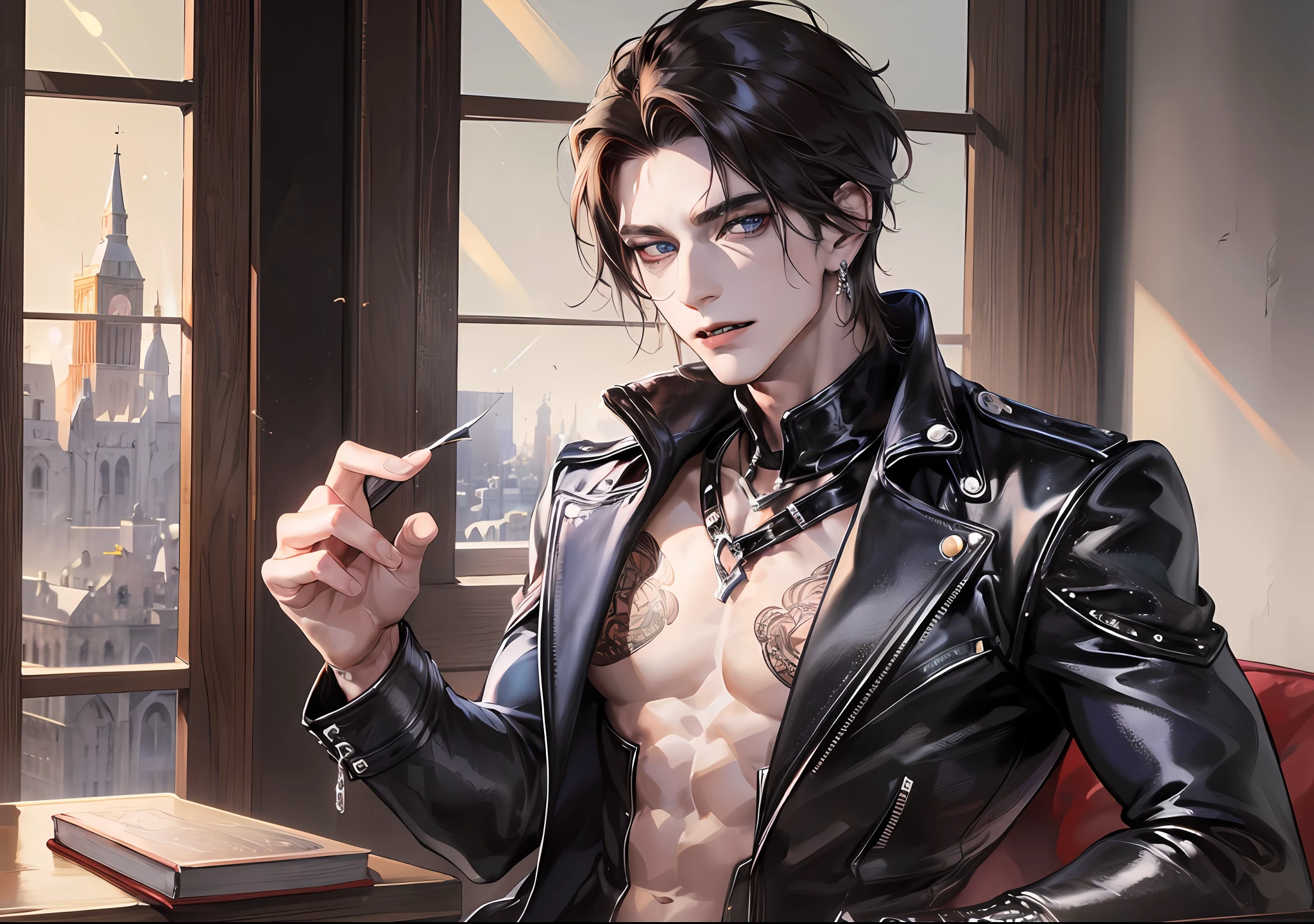 man, vampire, masculine, masculine face, attractive, muscular, ((1man)), masterpiece, absurdres, best quality ,intricate details , (shiny skin, shiny body, shiny oily luster skin, shiny hair, pale skintone), old castle, Sundown, attractive, ((muscular)), adult, one, tattoo in his chest ,black blouse, earrings, black pants, Don't look at the view , Not looking at the view, red short hair, perfect detailed face, perfect detailed hands, vampire fangs, blue eyes, ((MLS)), medium large shoot, perfect hands