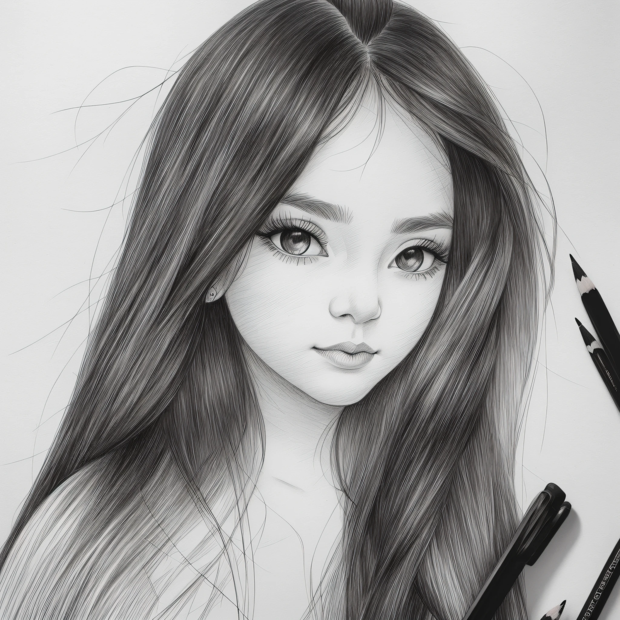 Portrait of a girl with long hair and bright eyes, beautiful cheekbones, plump lips, big eyes and long eyelashes, monochrome color, sketch, pencil, black and white image, ((sketch, black and white image!!)), (sketch)!!, (pencil drawing)