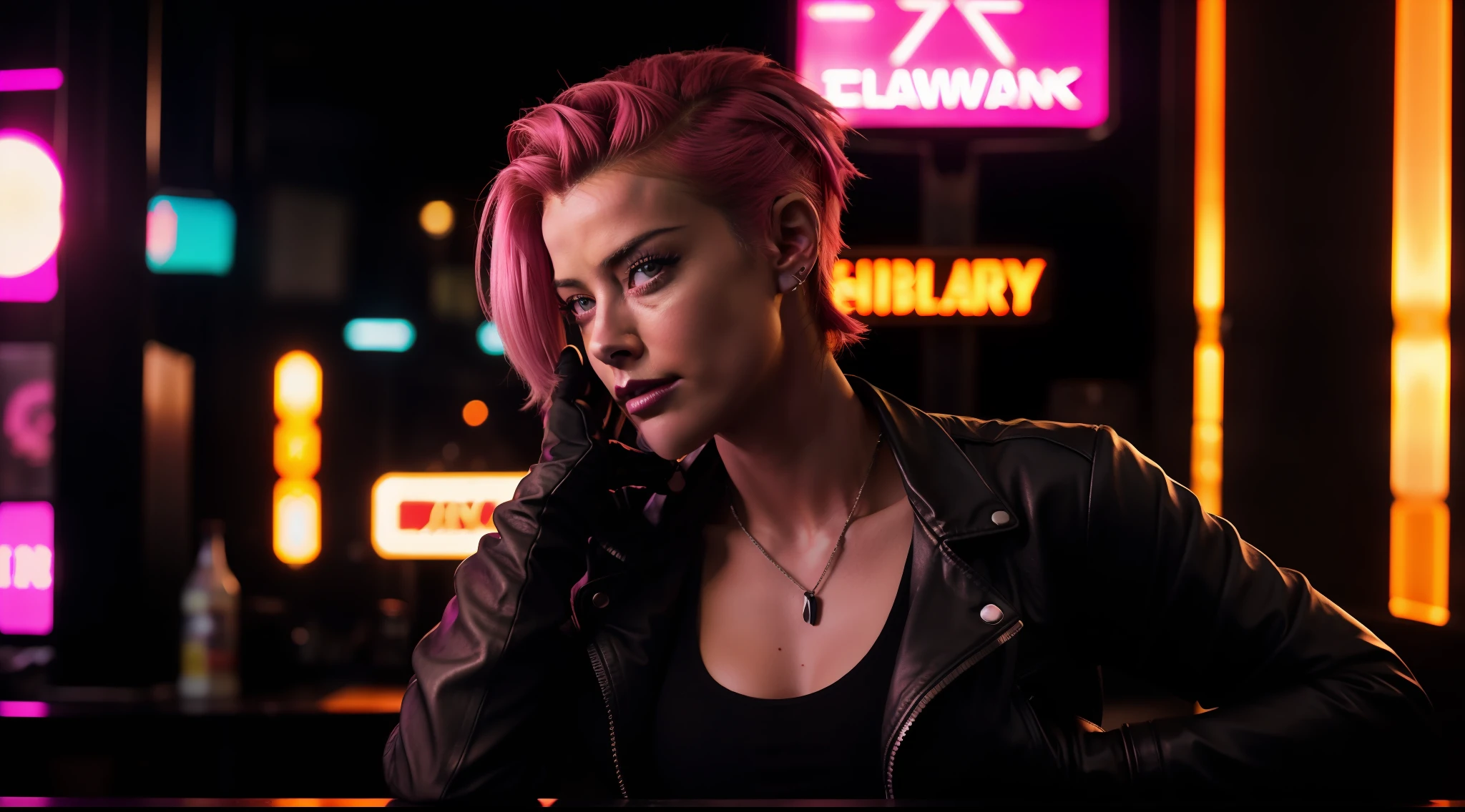 award-winning waist-up photo of a handsome cyberpunk hacker, Amber Heard, wearing torn black leather jacket, tank top, stained and scratched hacking device, worn leather gloves, spiky short pink hair, bright pink eyes, dense cyberpunk street, dive bar, neon holograms in the background, dark, sinister, hazy, high contrast, glowing skin,  soft lighting, backlighting, flower, light glows, chromatic aberration, sharp focus
