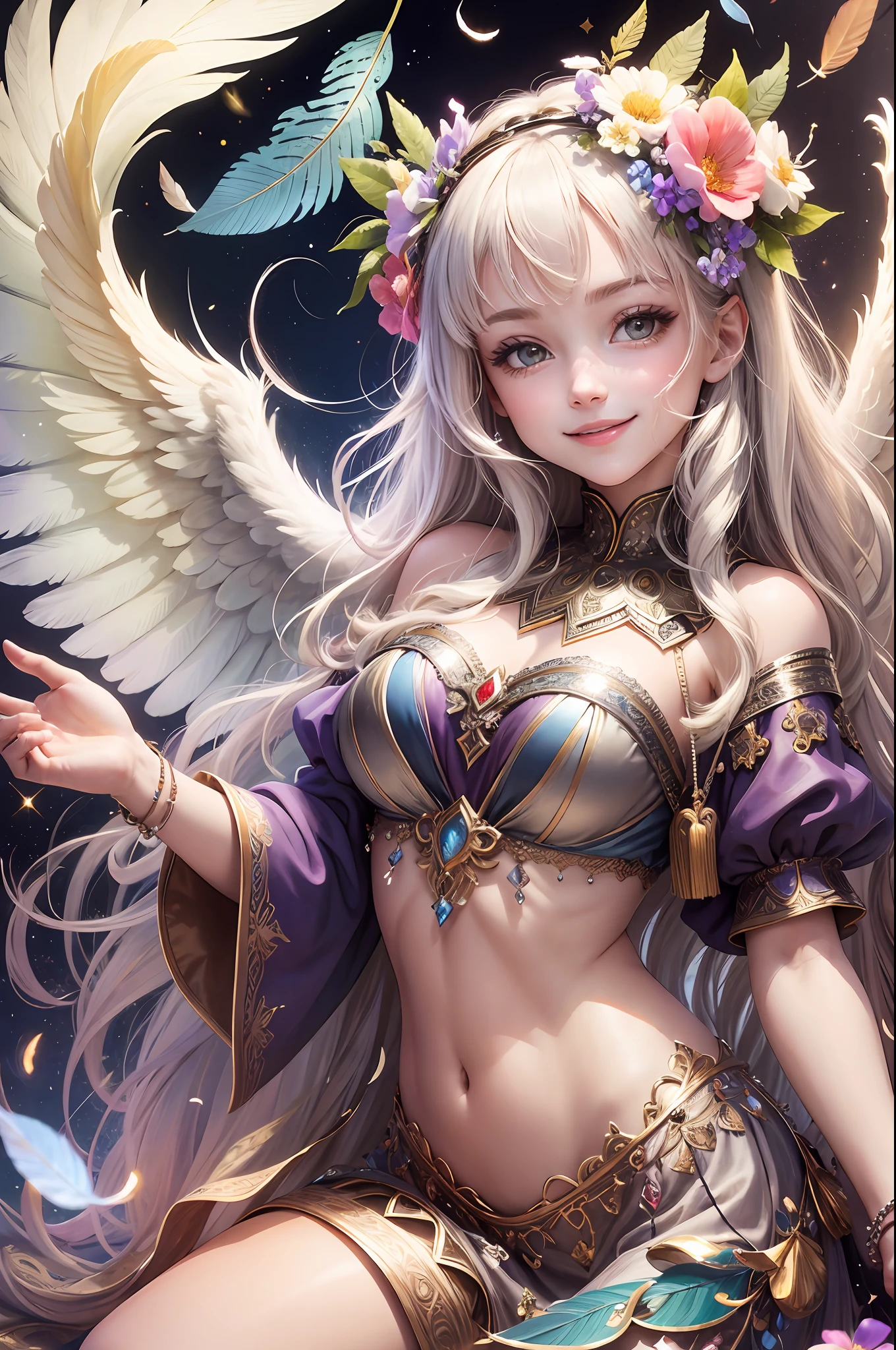 Caucasian, always with angels, security, security, happiness, radiance, light, fantastic, flower, rainbow, glitter, smile, feather, heaven, heaven, medieval --auto --s2