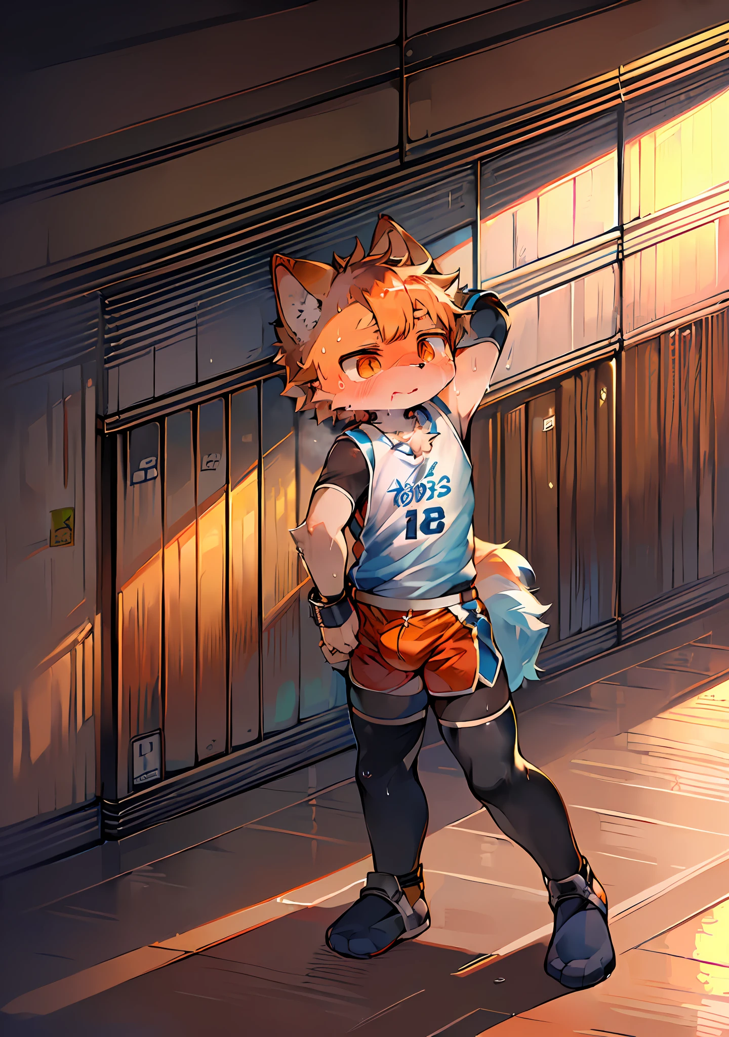 Masterpiece, high quality, absurd resolution, digital painting \ (artwork \), dagasi, yupa, kiyosan, (fluffy fur: 1.1), (brightness: 0.8), anthro male cat. (orange eyes, gray-blue fur, full body fur, cat nose: 1.2), bright eyes, panorama, character focus. Detailed background, (tight basketball jersey, sweating, binding: 1.5), (indoor, basketball court: 1.2) (binding) (basketball socks) (lower body bulge: 1.2) (binding) (leg irons: 1.5) (stockings) (without shoes)