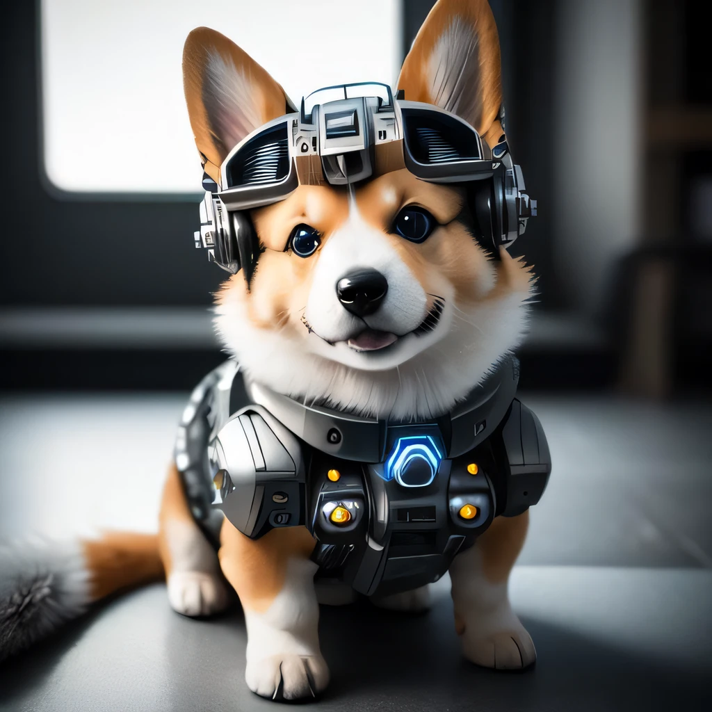 a crisp photograph of a cute cybernetic corgi puppy, (cyborg:1.4), (intricate details), hdr, (intricate details, hyperdetailed:1.2), cinematic shot, centered, stark lighting, looking away from camera, hyperrealism hyperdetailed fur, real dog fur, Fujifilm XT3