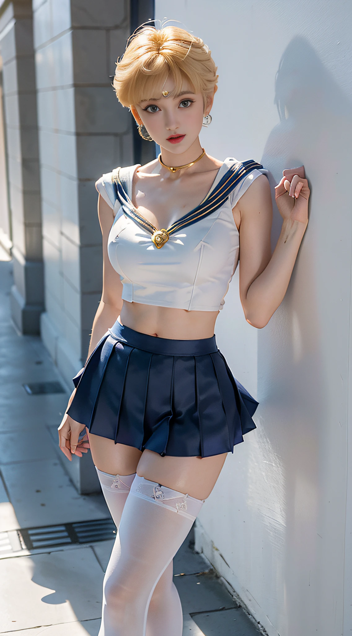 ((Sailor Moon 1:1)) ((Sailor Uranus costume: 1)) Best quality, ultra-high resolution, masterpiece, (Realisticity: 1.6), 16K, (1girl with navel open), (Medium chest), (Blue miniskirt: 1.8), White stockings, full body shot, against the wall, mature smile, busty body