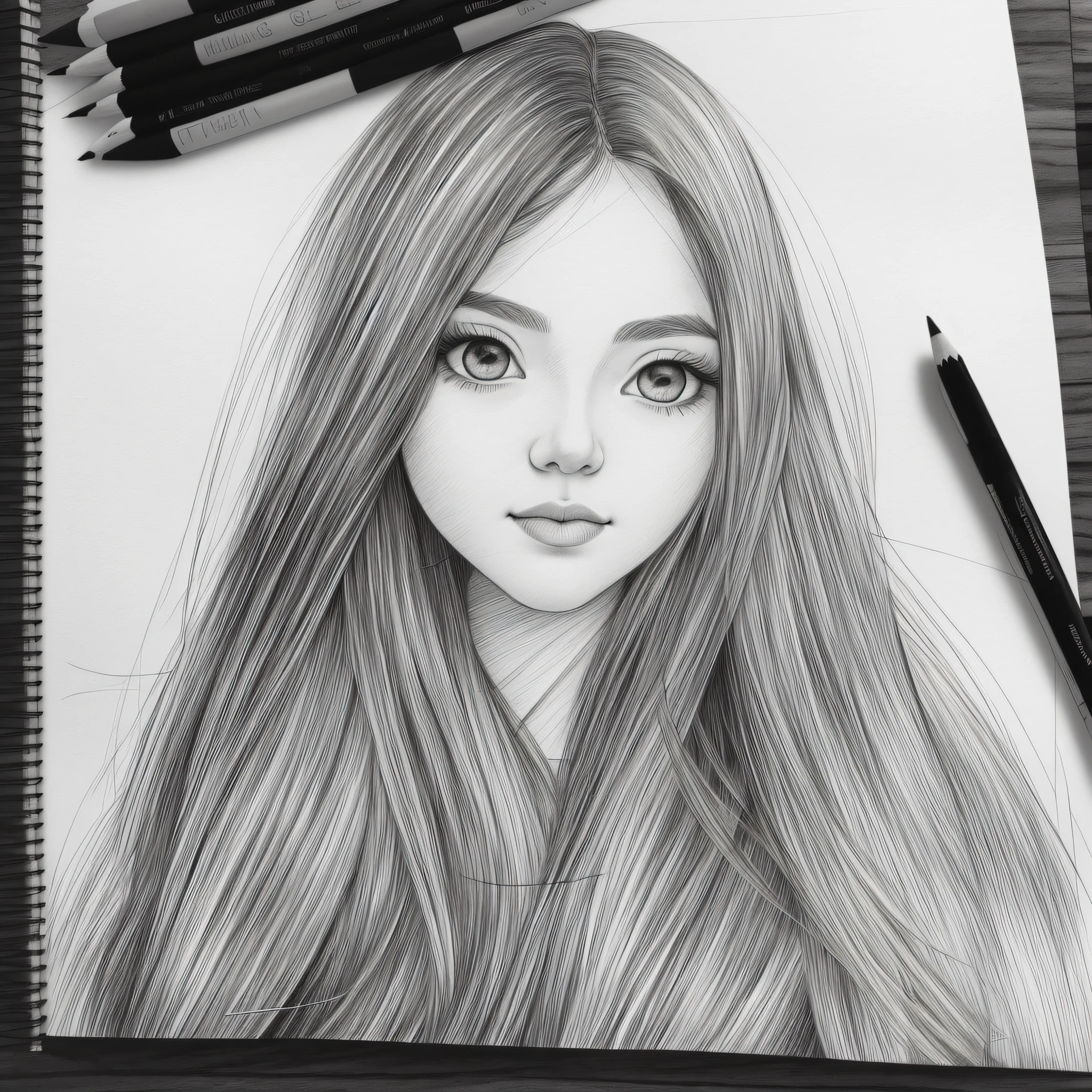 Portrait of a girl with long hair and bright eyes, beautiful cheekbones, plump lips, big eyes and long eyelashes, monochrome color, sketch, pencil, black and white image, ((sketch, black and white image!!)), (sketch)!!, (pencil drawing)