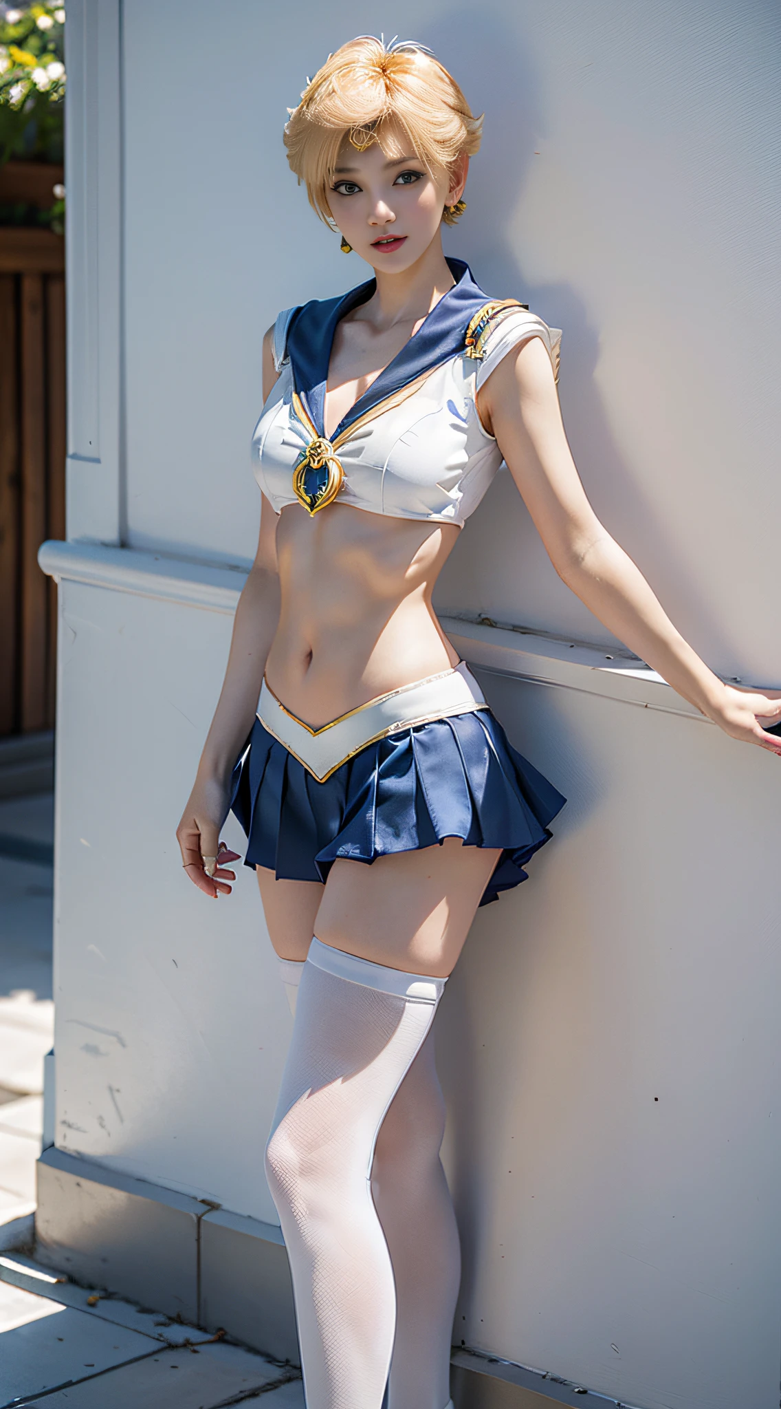 ((Sailor Moon 1:1)) ((Sailor Uranus costume: 1)) Best quality, ultra-high resolution, masterpiece, (Realisticity: 1.6), 16K, (1girl with navel open), (Medium chest), (Blue miniskirt: 1.8), White stockings, full body shot, against the wall, mature smile, busty body