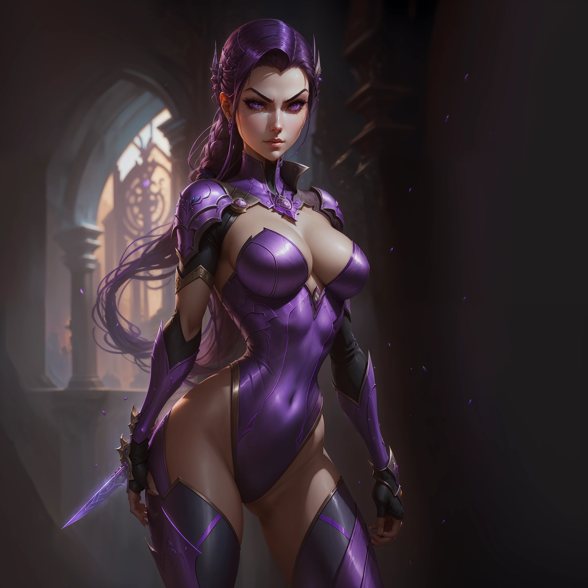 arafed woman in a purple outfit holding a sword, style artgerm, extremely detailed artgerm, ig model | artgerm, widowmaker's former lover, in the style artgerm, widowmaker, concept art | artgerm, character splash art, stanley artgerm lau, artgerm lau