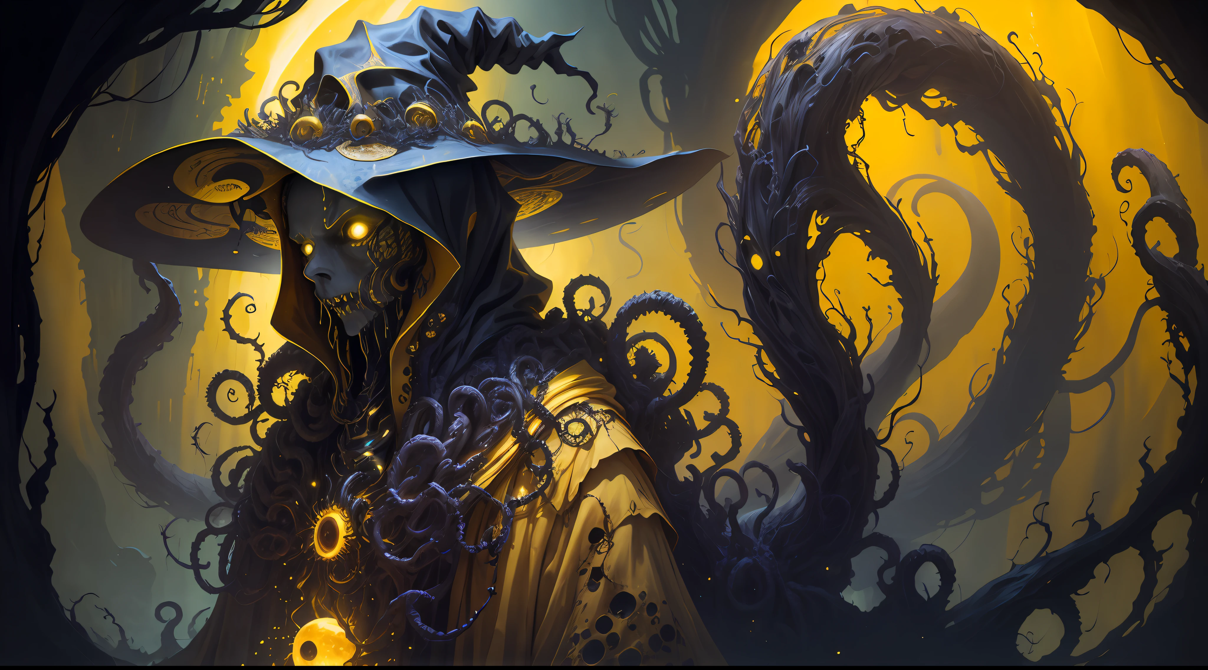 cosmic horror, a monstrous witch with tentacles, yellow and black, horror, dark mood, dark ambient, in a yellow tentacles dark world