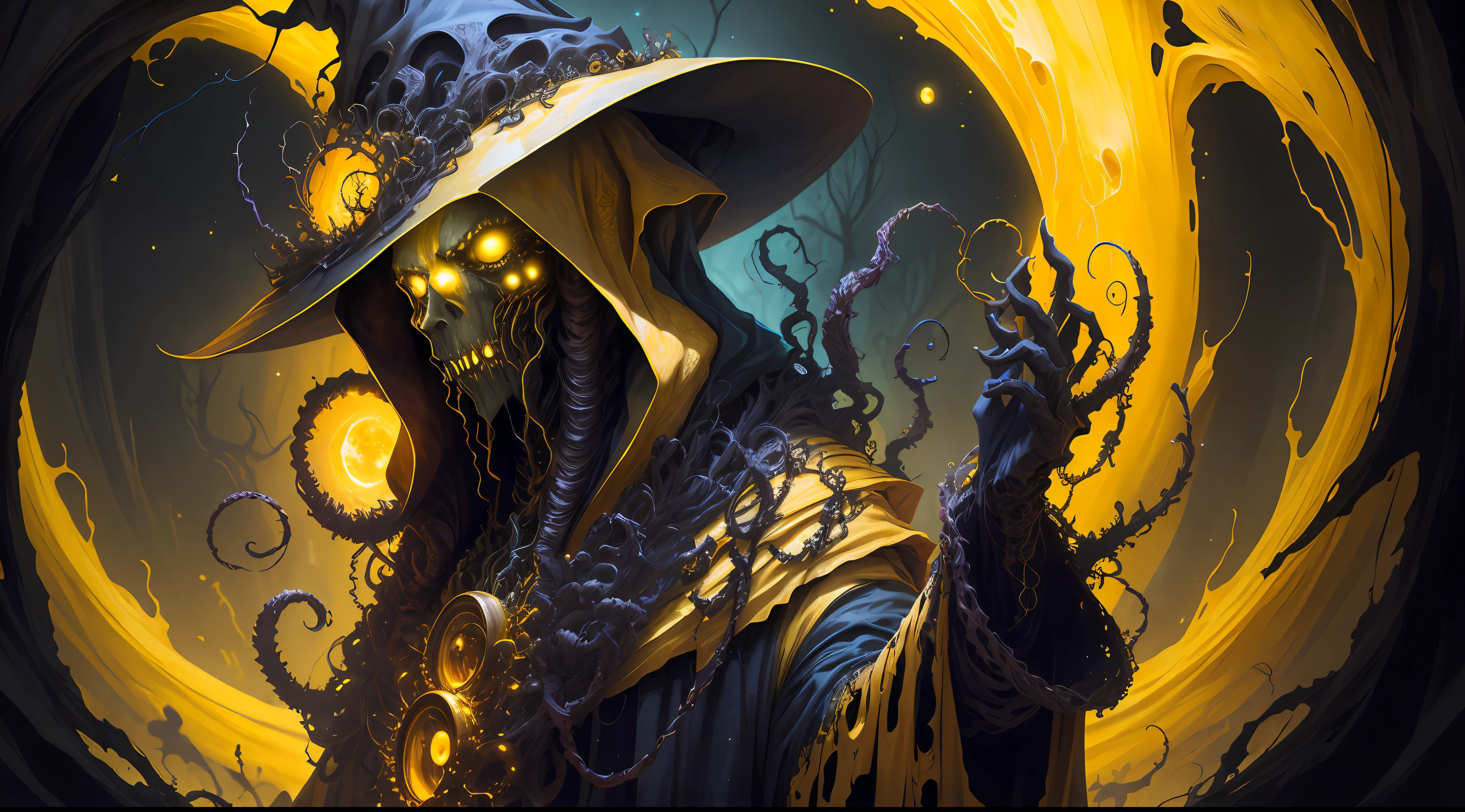 cosmic horror, a monstrous witch with tentacles, yellow and black, horror, dark mood, dark ambient, in a yellow tentacles dark world