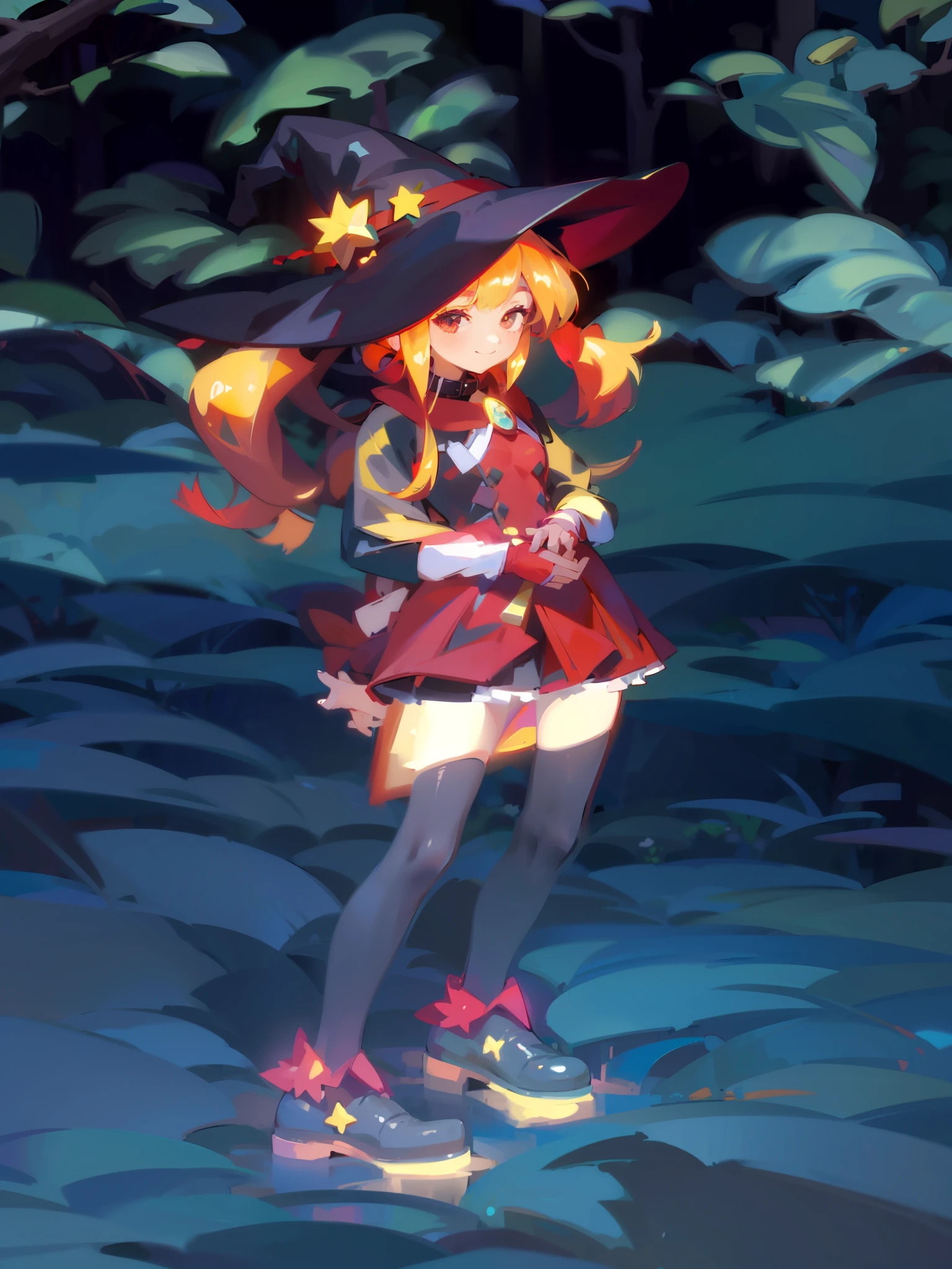 (8K, Best Quality, Masterpiece:1.2), (Realistic, Photo-Realistic:1.37), Ultra Detailed, 1 Girl, Cute, Clear Moonlight, Forest, Night, Seated, (Nose Red), (Smile: 1.15), (Shut Up) Small Breasts, Beautiful Delicate Eyes, (Collar Shirt: 1.1), Night, (Red Double Ponytail: 1.2), Witch Hat, Red Top, Red Miniskirt, Black Stockings, Red Witch Shoes, Mushrooms