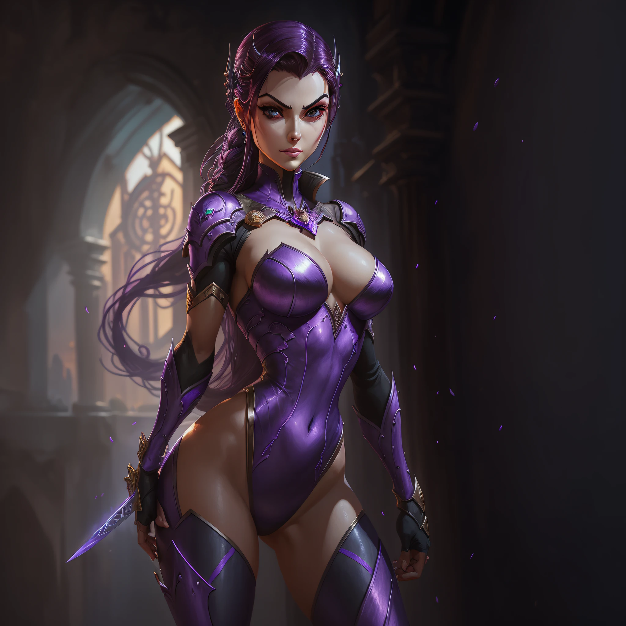 arafed woman in a purple outfit holding a sword, style artgerm, extremely detailed artgerm, ig model | artgerm, widowmaker's former lover, in the style artgerm, widowmaker, concept art | artgerm, character splash art, stanley artgerm lau, artgerm lau