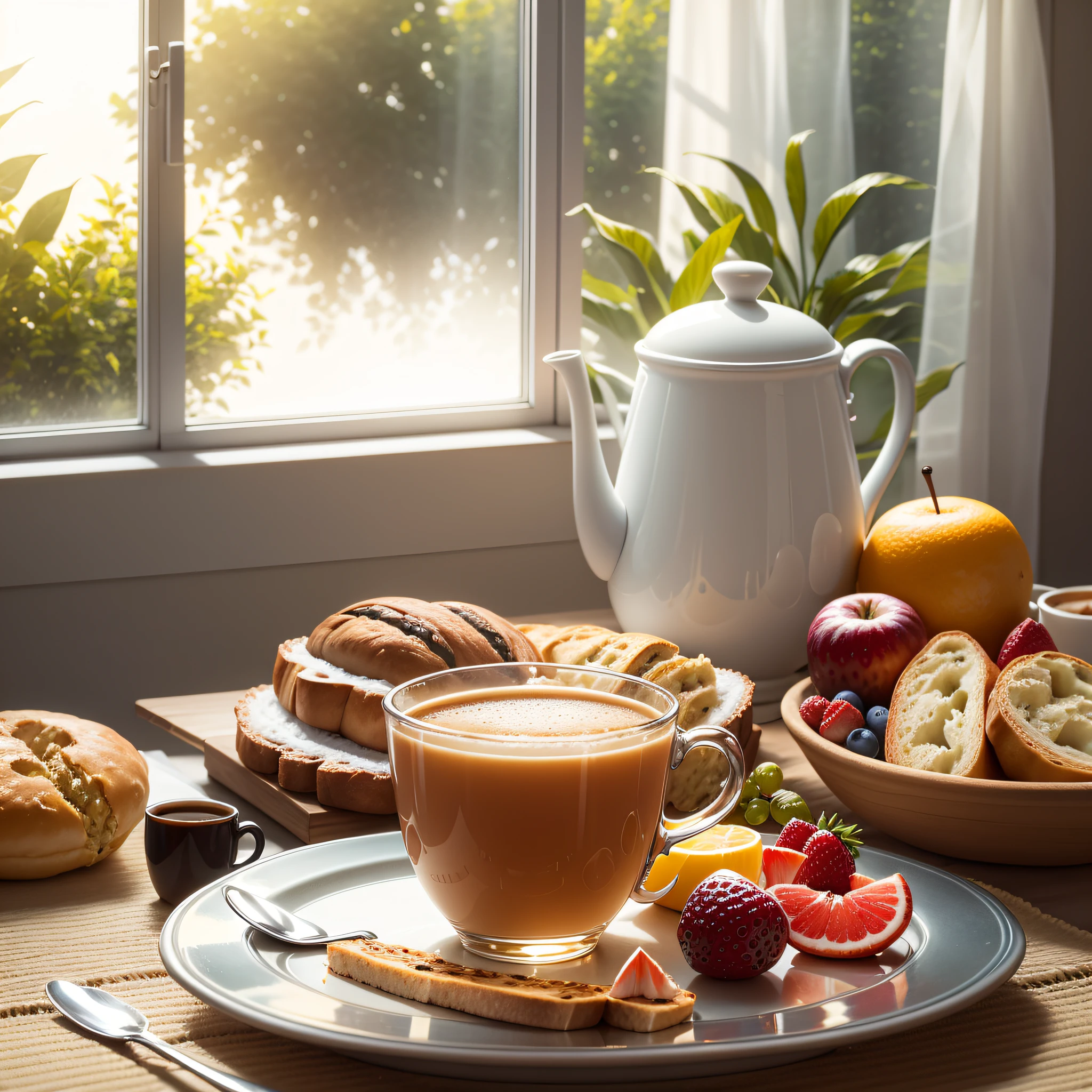 foto breakfast table, with a cup of hot coffee, fruits, bread, and a window on a sunny day --auto --s2