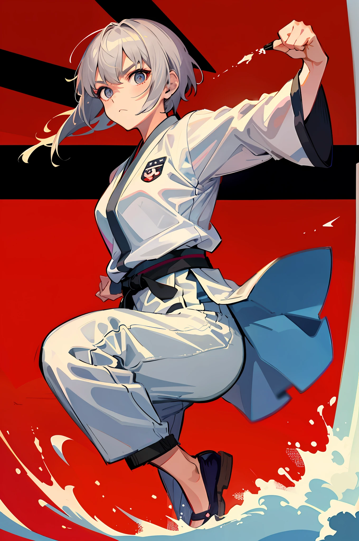 (High Quality: 1.5), Japan people, 1 woman, Martial artist, Gray hair, Short hair, Hair tied in one, Cool, Serious eyes, Karate stance, (Small), High school girl, No letters, Tiger in the background, Clothes are wearing dogi arms