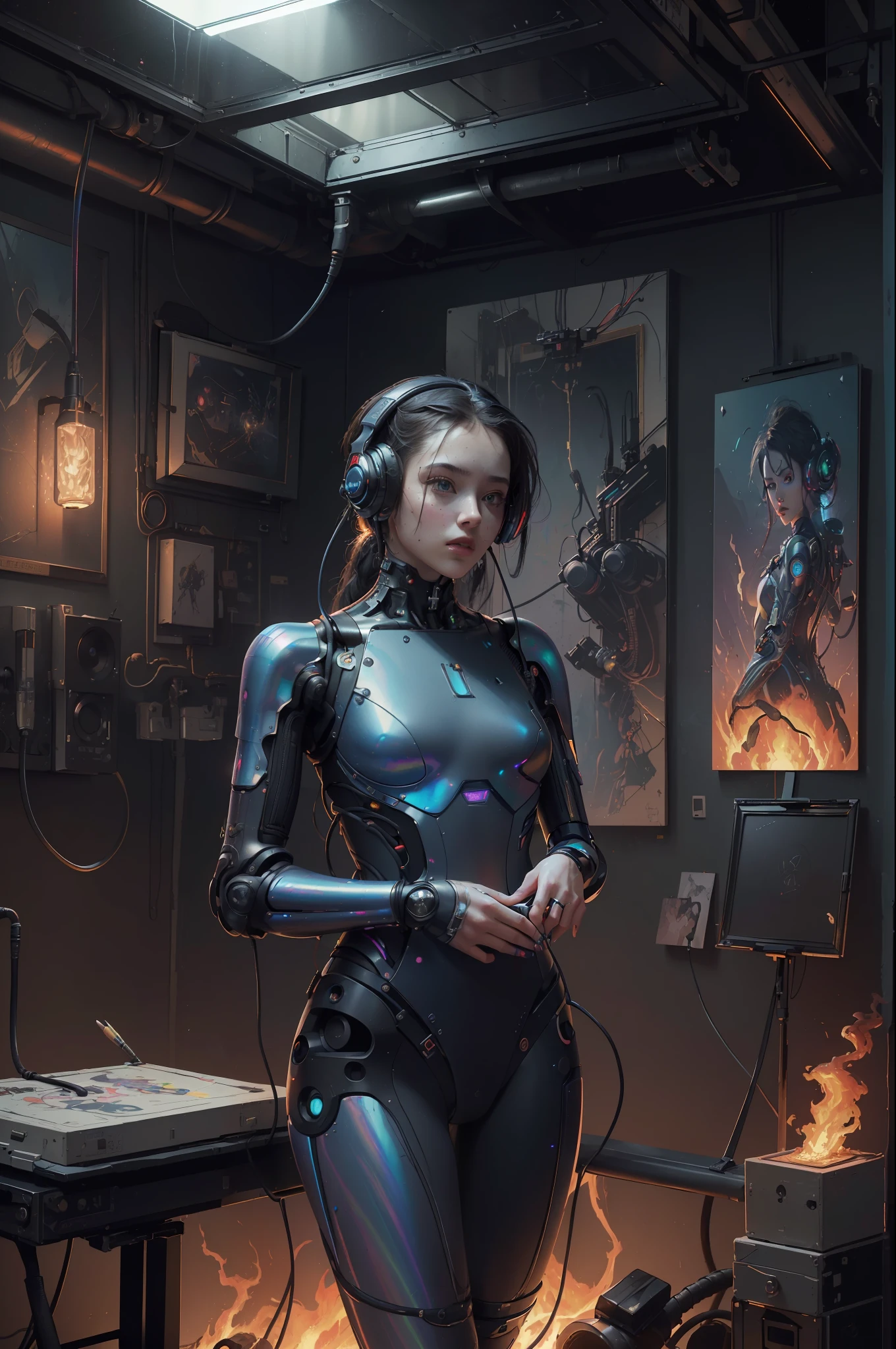 (masterpiece, best quality, highres, absurdres, detailed:1.2), humanoid, robot, wearing headphones, looking away, (cyberpunk, art canvas, paint brush, easel, iridescent, holographic: 1.6), (cables, wires, flames, fire, smoke, overheat, explosion, indoors, room, simple background)