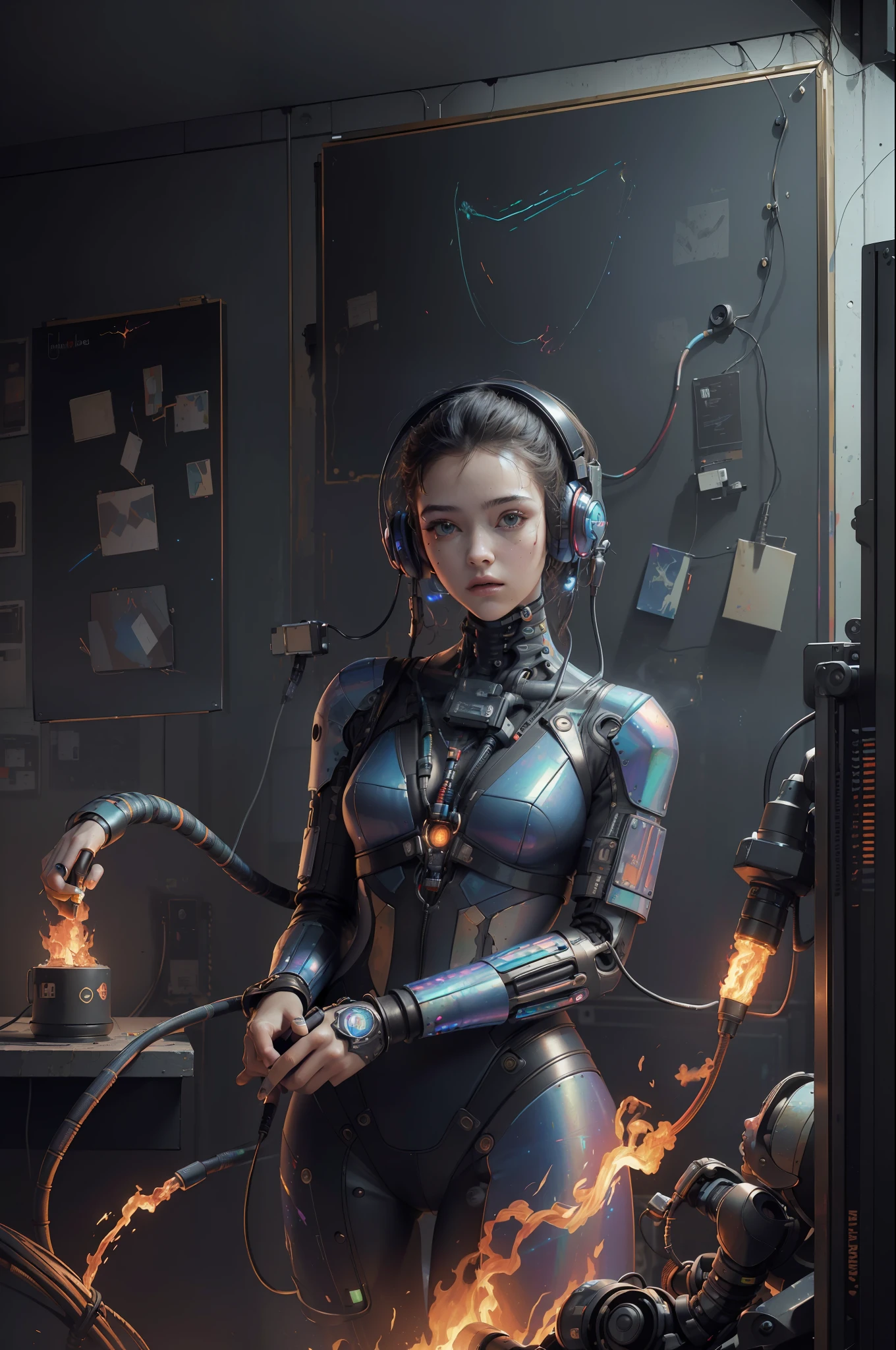 (masterpiece, best quality, highres, absurdres, detailed:1.2), humanoid, robot, wearing headphones, looking away, (cyberpunk, art canvas, paint brush, easel, iridescent, holographic: 1.6), (cables, wires, flames, fire, smoke, overheat, explosion, indoors, room, simple background)