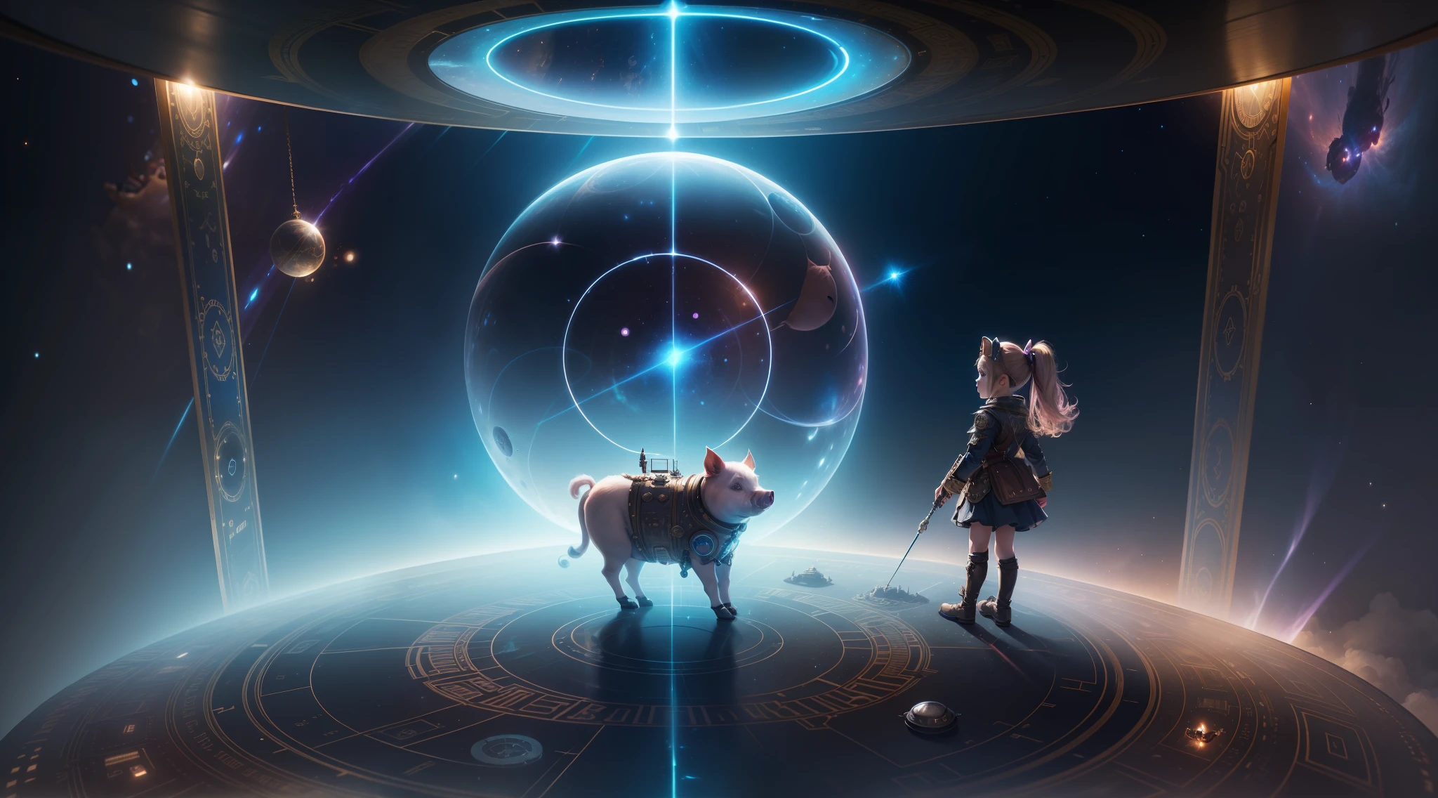 In the quantum dimensional space, a 14-year-old little girl in steampunk clothes and a piglet in steampunk armor, both of them are full of light, space-time gate, luminous gate, illustration