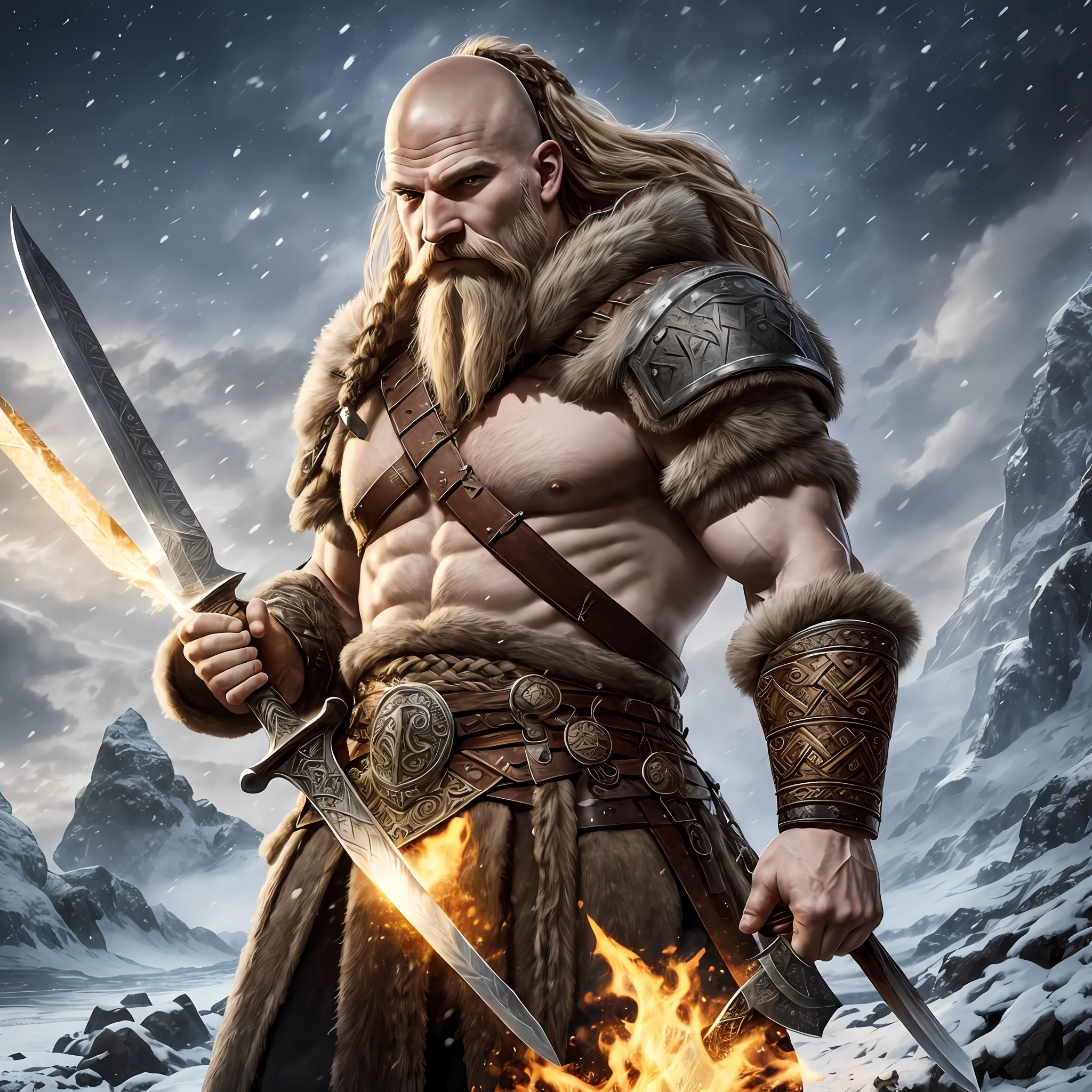 a bald person with a sword, fur coat, have axe in hand, barbarian warrior, starry sky, Ice and fire, snow and fire, reality, barbarian, viking, norse warrior, epic fantasy character art, barbarian class, epic viking king, scandinavian / norse influenced, viking berserker, viking warrior, male barbarian, viking and templar aesthetics, ancient viking warrior, viking god, viking king, a fantasy warrior --auto --s2