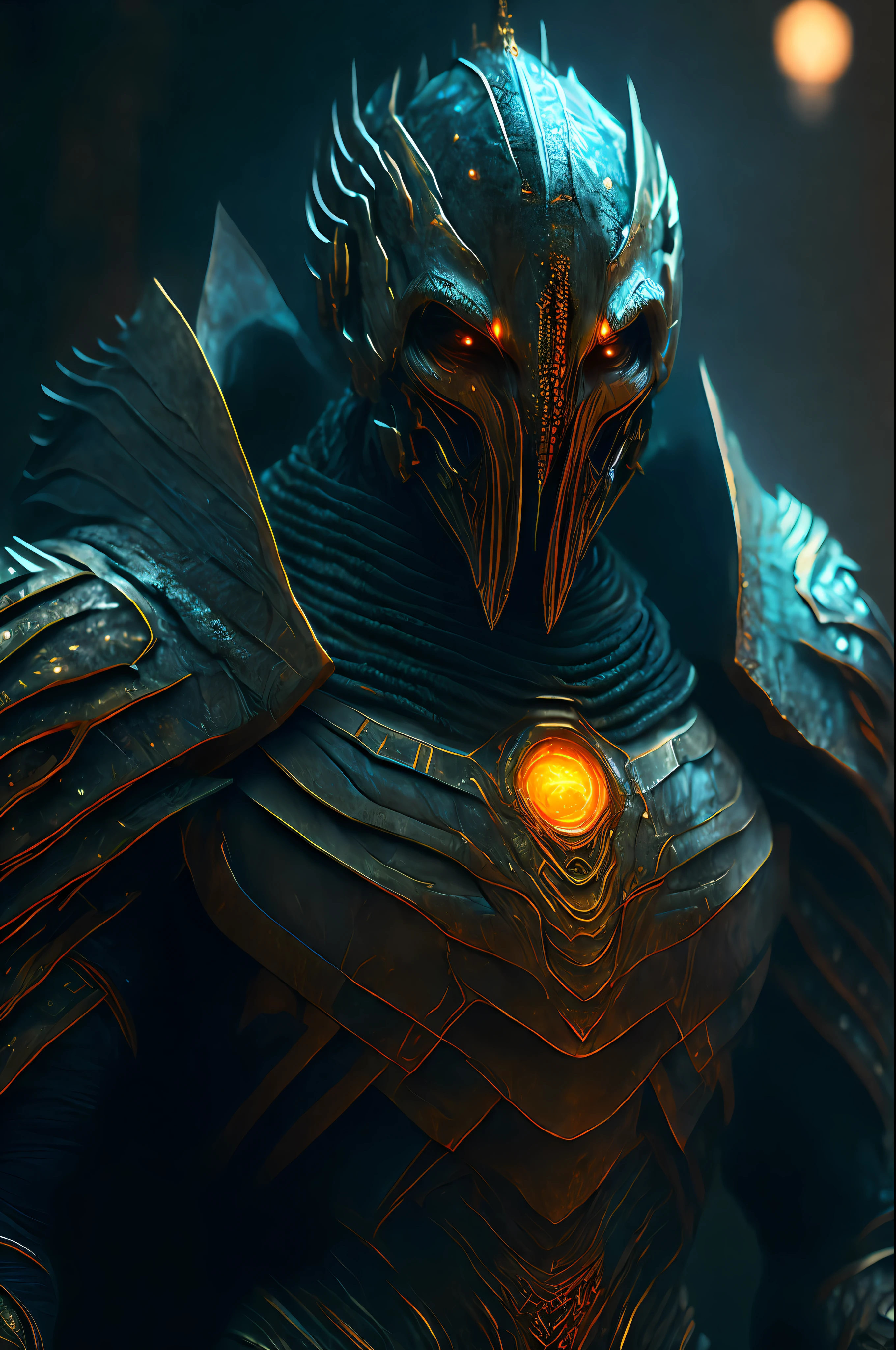 "Ancient Alien Warrior, Dark Horror Futuristic Film, 8k Fine Detail, Dark Lens Weight 0.7, Subsurface Scattering, Ambient Light Weight 1.3, ArtStation Weight 1.3"