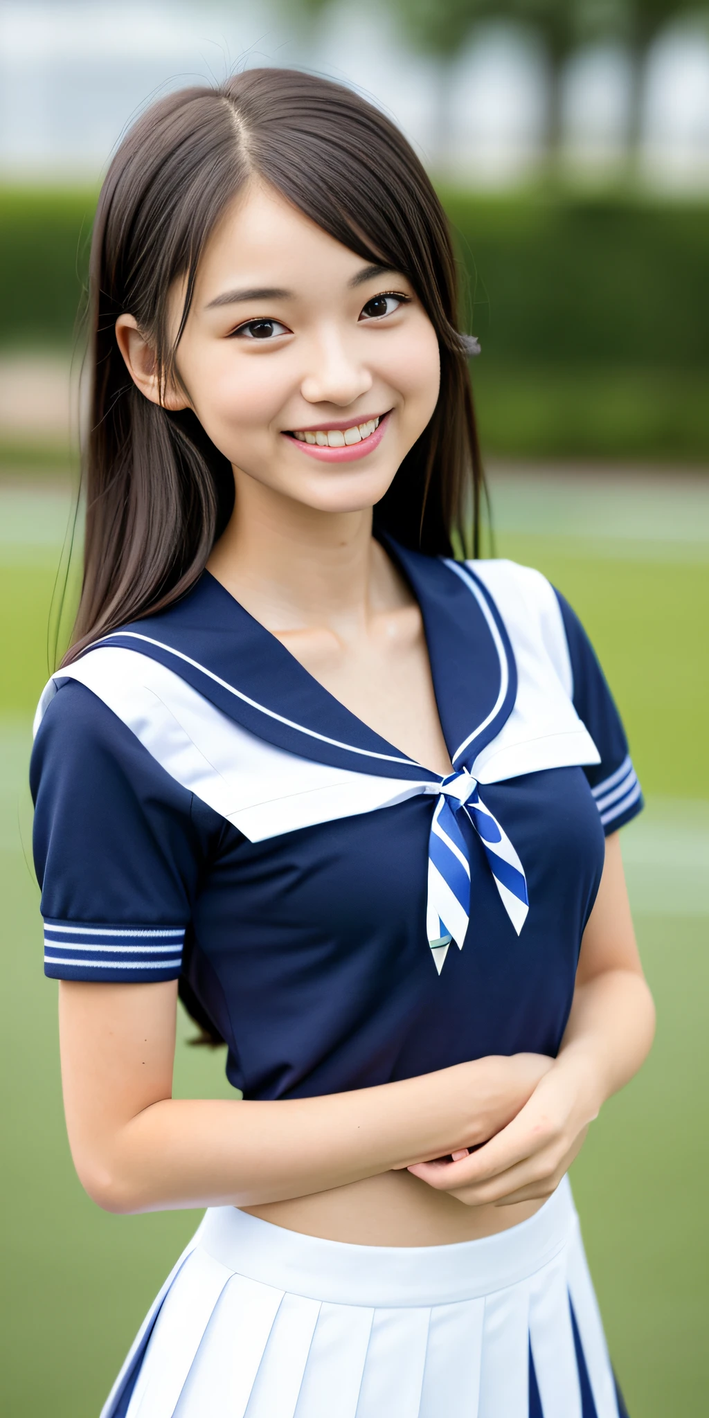 neat college girl, (school uniform, sailor uniform, ribbon tied at chest, summer clothes, upper body white, skirt dark blue, short sleeves), outside the athletic field, (slim), photorealistic, detail, skin texture, ultra detail, delicate and sexy collarbone, smile, super detailed face, detailed lips, detailed eyes, double eyelids, small breasts, small breasts, small, flat breasts, breast emphasis