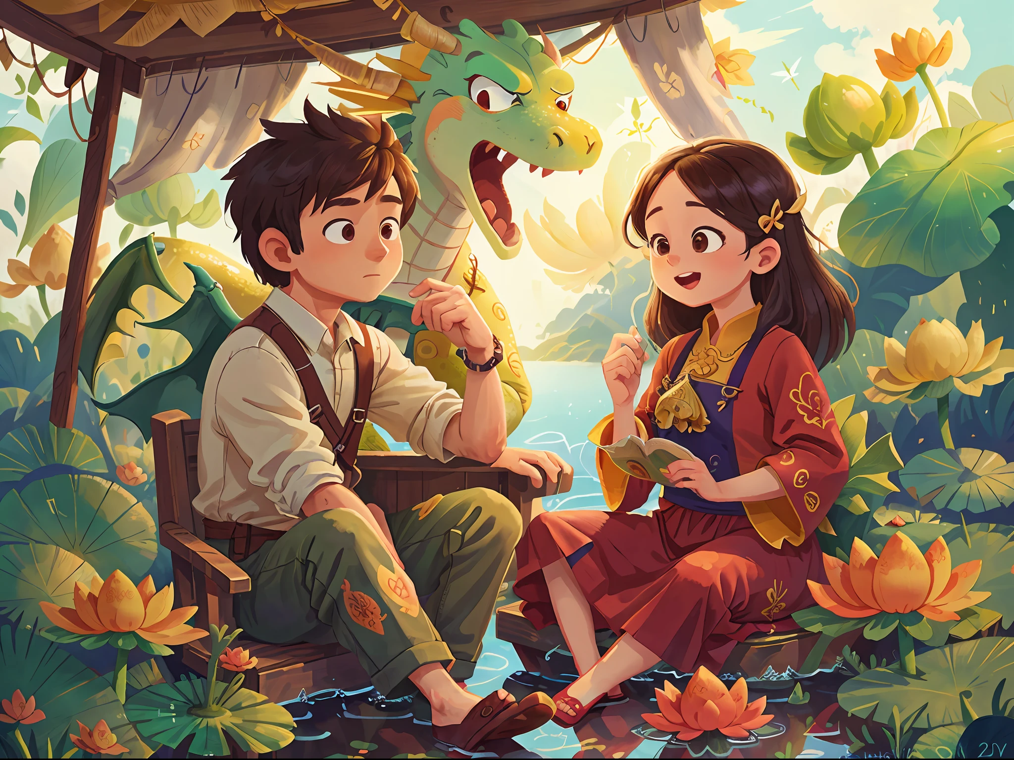 A man and a woman sitting on a boat, (there is a dragon in the sky), many lotuses, happy, happy, perfect quality, (Masterpiece: 1.2) (Realistic: 1.2) (Bokeh) (Best quality) (Detailed skin: 1.3) (Intricate details) (Detail eyes) (Sharp focus)