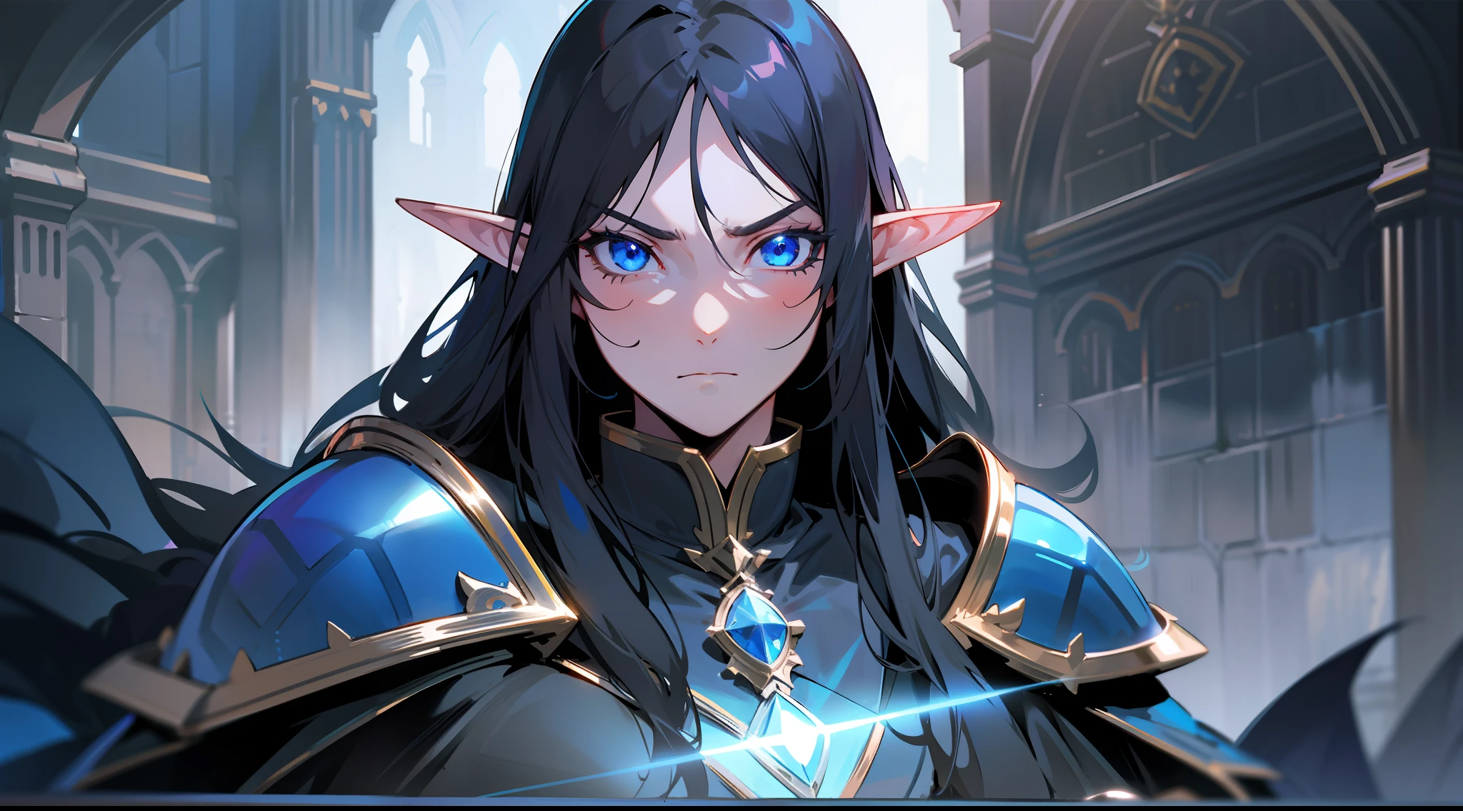 elf, long black hair, blue eyes, paladin, black heavy armor, dark blue cape, large shoulder pads, heroic pose, serious expression, fantasy, medieval, night, dark dungeon, lens reflection, glow