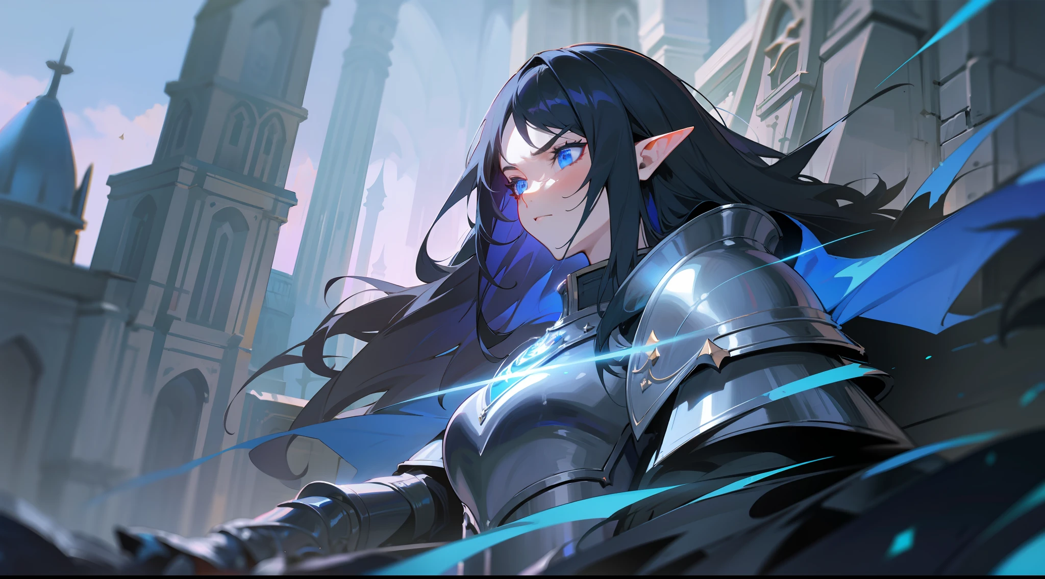 elf, long black hair, blue eyes, paladin, black heavy armor, dark blue cape, large shoulder pads, heroic pose, serious expression, fantasy, medieval, night, dark dungeon, lens reflection, glow