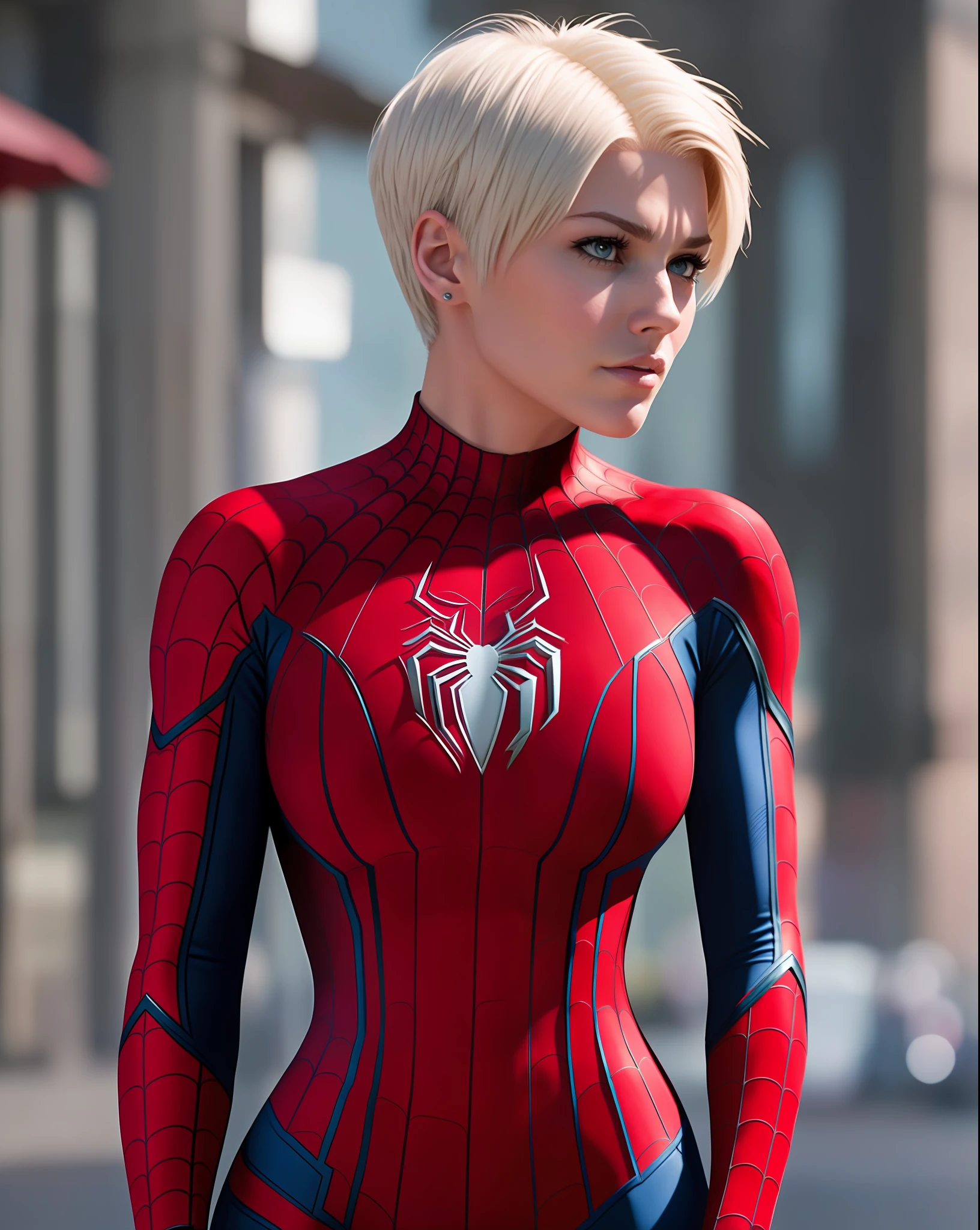 Mary Jane Watson dressed as Spider-Man and with a short platinum hair realistic photo 4k