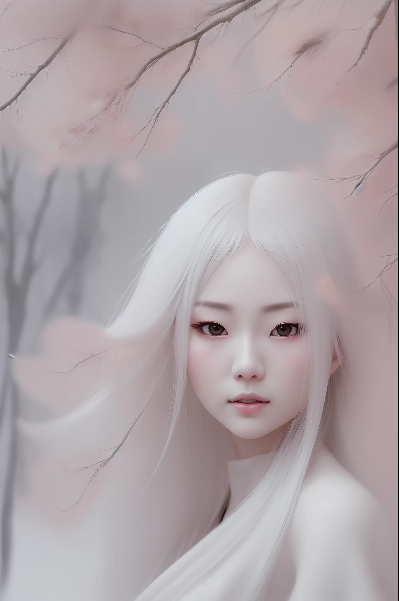 Japanese woman, hair White and long, detailed face, upper body, 3/4shot, (closeup:0.9), (skin pores:1.1), 4k, hyper-realism, realistic, hyper-realistic, high-resolution, in the art style of Filip Hodas, 35mm lens, cinematic, soft lighting, realistic epic, faded, ((neutral colors)), (hdr:1.5), muted colors, pastel, warm lights, dramatic light, complex background winter trees,  (by Irakli Nadar), rutkowski, intricate details, hyperdetailed, magnificent, elegant, cinematography, light smile, sumurai girl, clear interior with winter trees