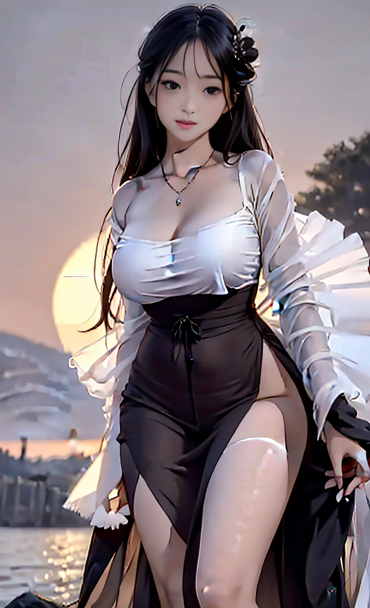 {best quality}, masterpiece, {wallpaper}, {huge file size}, 1 girl, full body, extremely detailed, extremely delicate beauty, 8k wallpaper, beautiful details glowing with bright eyes, 1 girl, extremely detailed eyes and face, seaside, dusk, beautiful girl, {JK},black stockings, seductive smile,