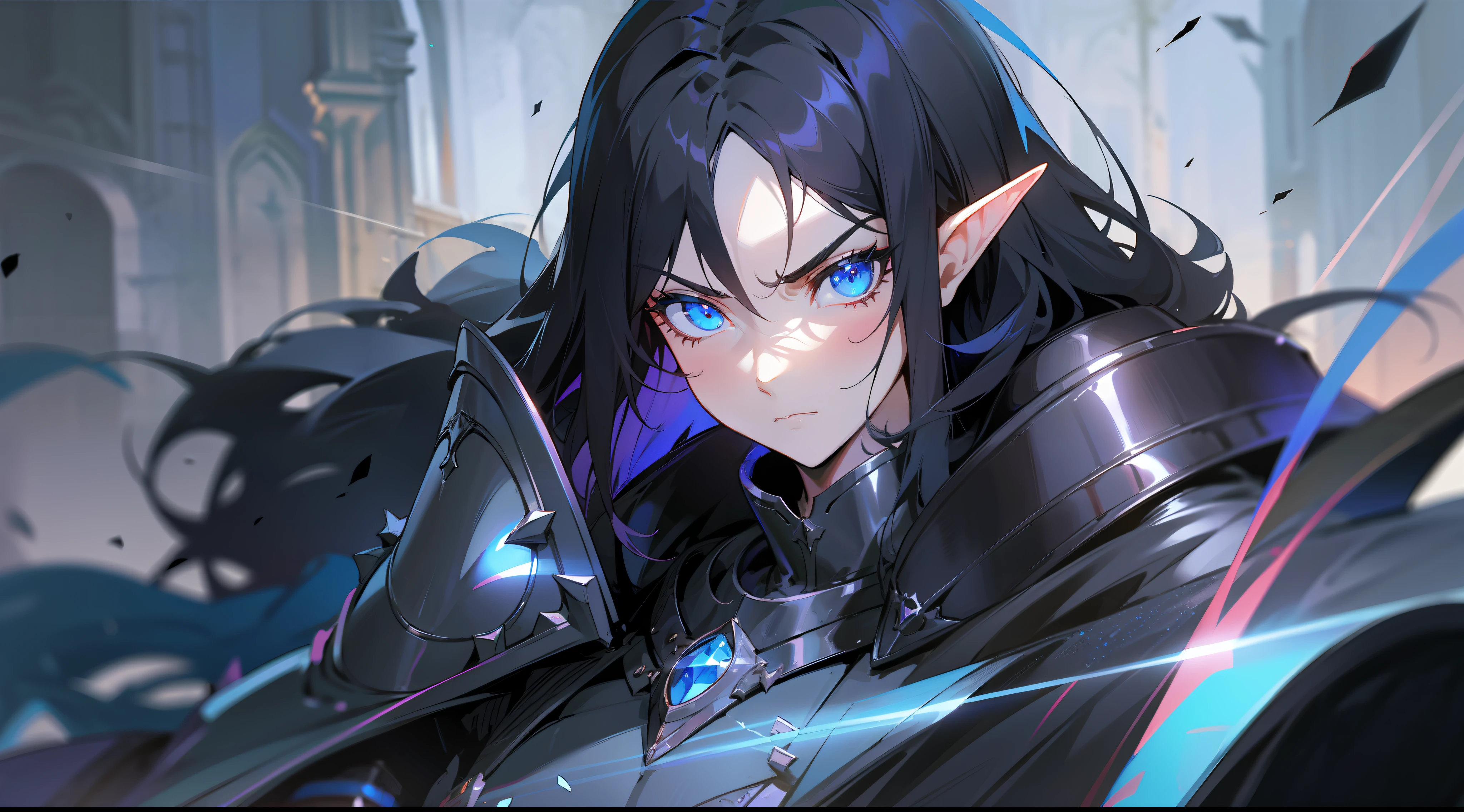 elf, long black hair, blue eyes, paladin, black heavy armor, dark blue cape, large shoulder pads, heroic pose, serious expression, fantasy, medieval, night, dark dungeon, lens reflection, glow