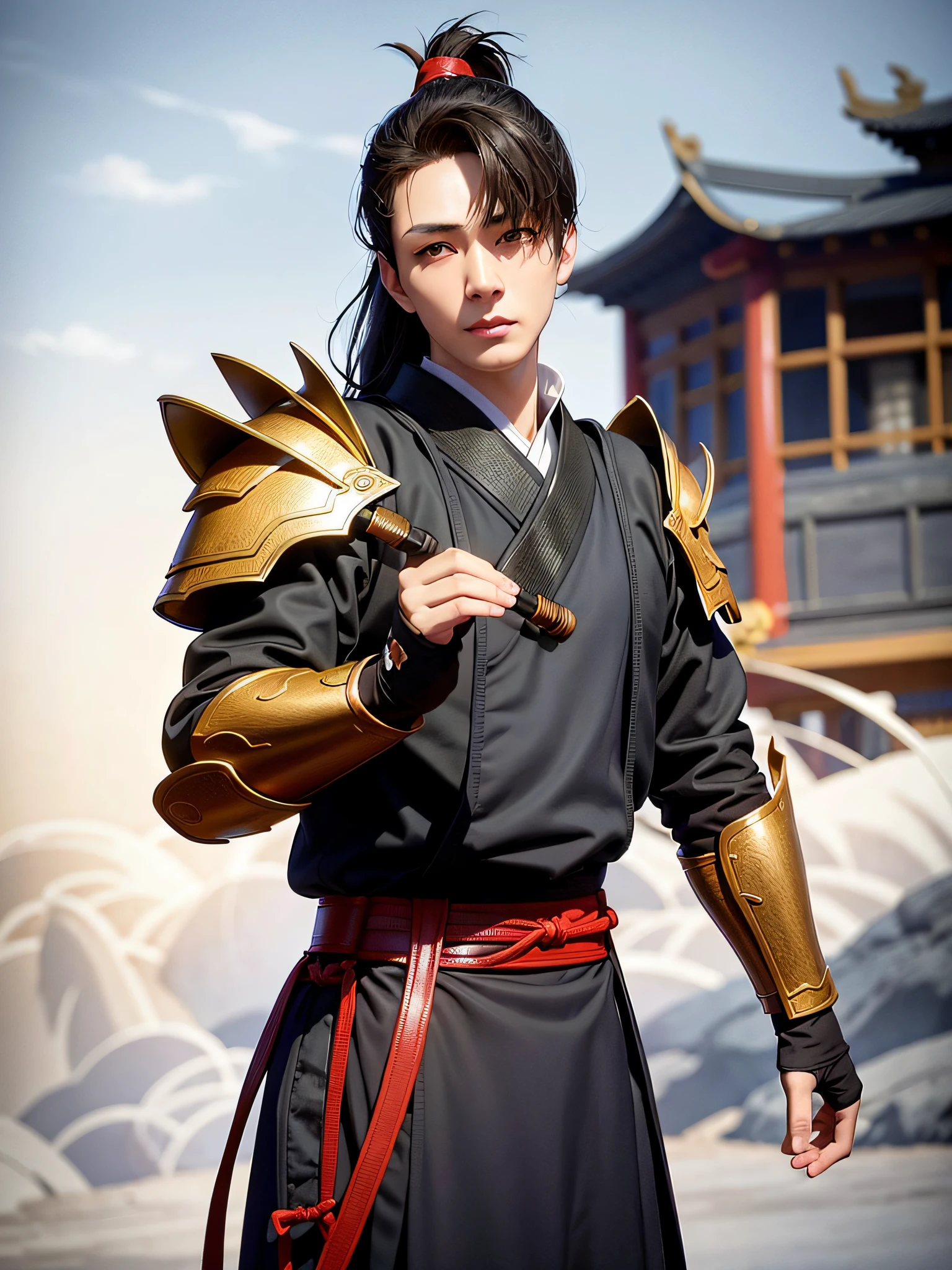(Positive focus), (in the dark: 1), (Best quality), (Realisticity: 1), Realistic skin texture, highly detailed, 8k wallpaper, volumetric lighting, dynamic lighting, a boy, black hanfu, black ponytail long hair, black hair, black bandana, neck black bib, delicate eye portrayal, handsome, black Taoist robe, ancient style, wide robe with big sleeves, dynamic pose, dramatic composition, red belt, right shoulder ancient shoulder armor, lower body rattan armor protective gear, ancient architectural background, complex background, clouds and mist, Xian Xia background, clouds and mist, Taoist nature, Chinese Taoist, movie lighting,