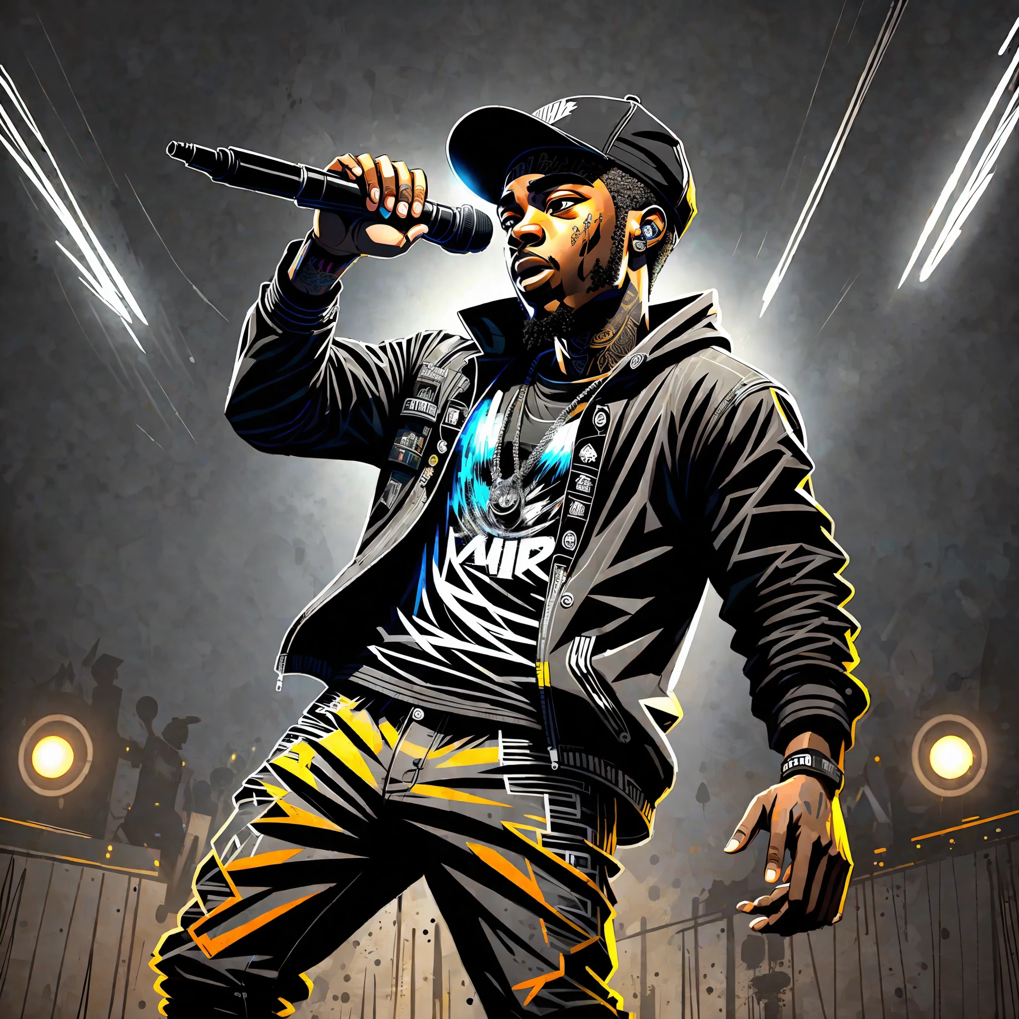 rapper singer on stage with microphone in hand, detailed, ultra realistic, (masterpiece:1.4), 32k Ultra Hd, rock concert, light black pants, maximum quality, night, light black, stylish, band, (painting inspired by real life, maximum reality, maximum detail, black cap, rapper, rapper --auto --s2