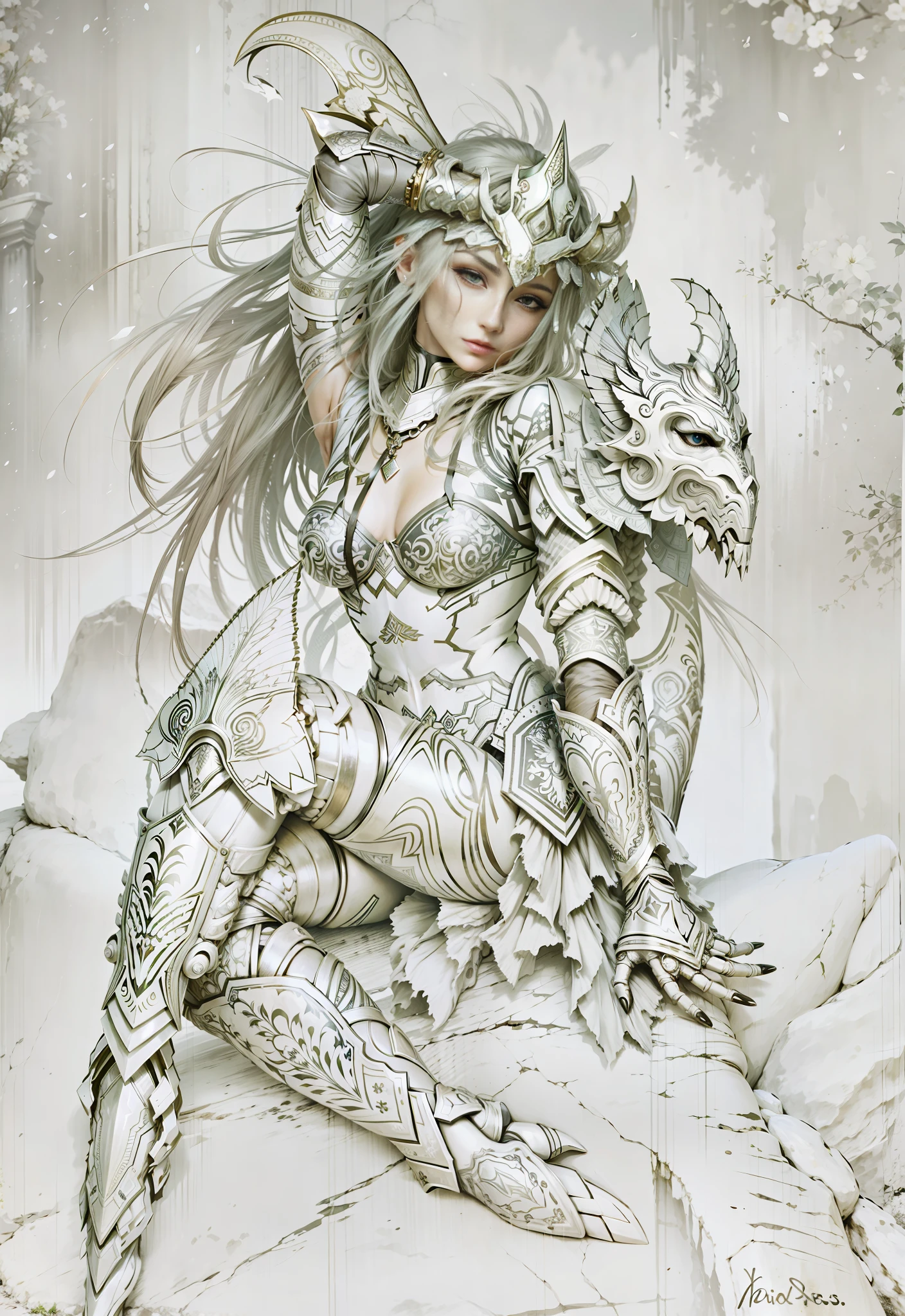 A woman in armor, gorgeous patterned armor, right hand stroking her head, sitting on a stone, 8K, realism, correct anatomy, perfect limbs, perfect fingers, blurred background, soft light